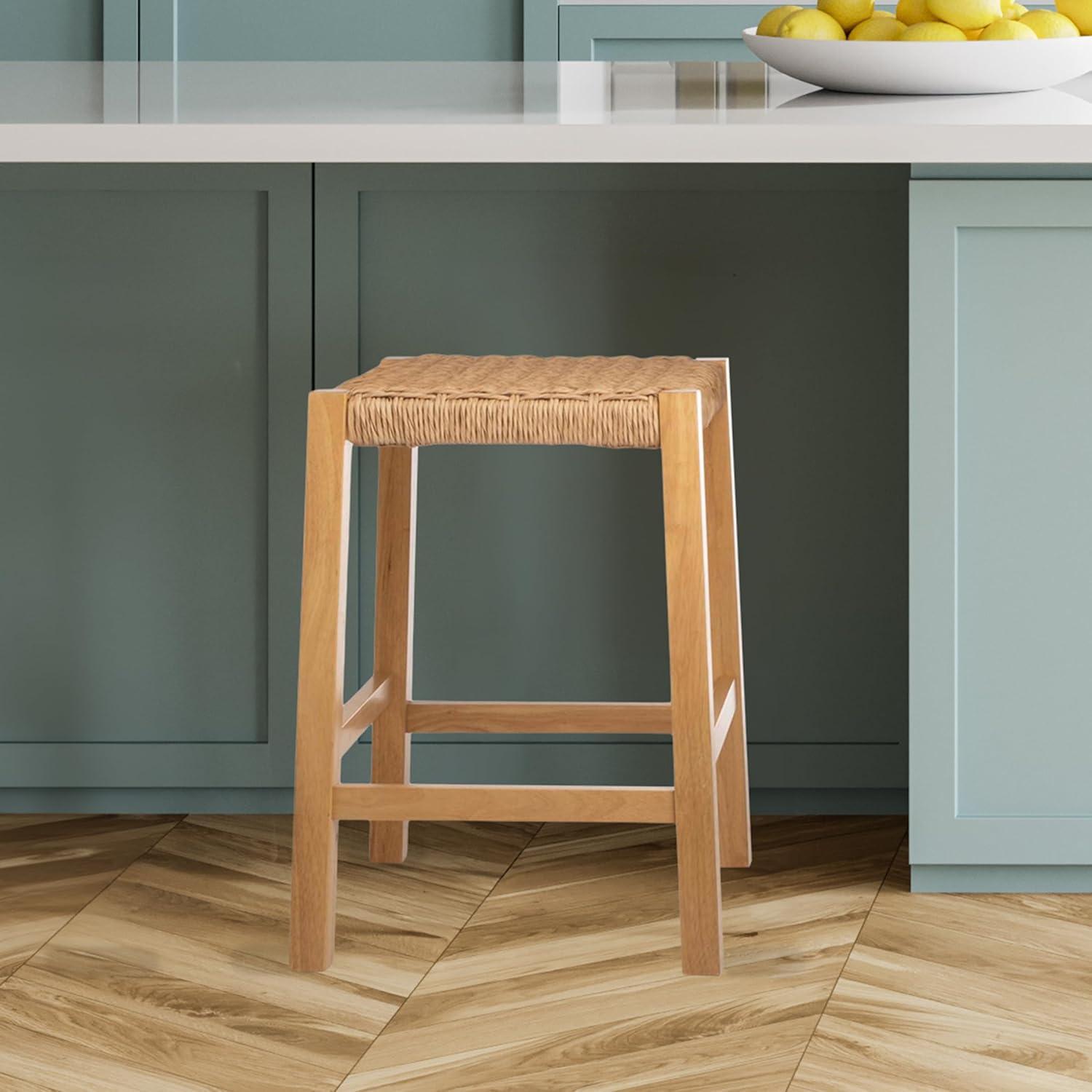 Natural Wood Backless Counter Stool with Woven Seagrass Seat