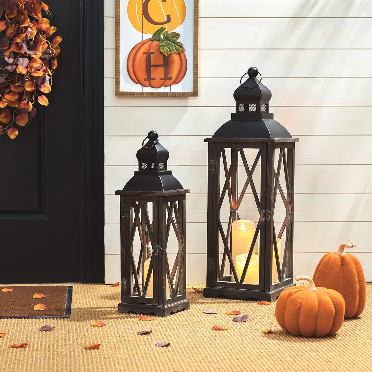 Glitzhome 2 Pack Farmhouse Wood/Metal Decorative Candle Lanterns Vintage Hanging Lantern for Patio - Tabletop, Black (No Glass)