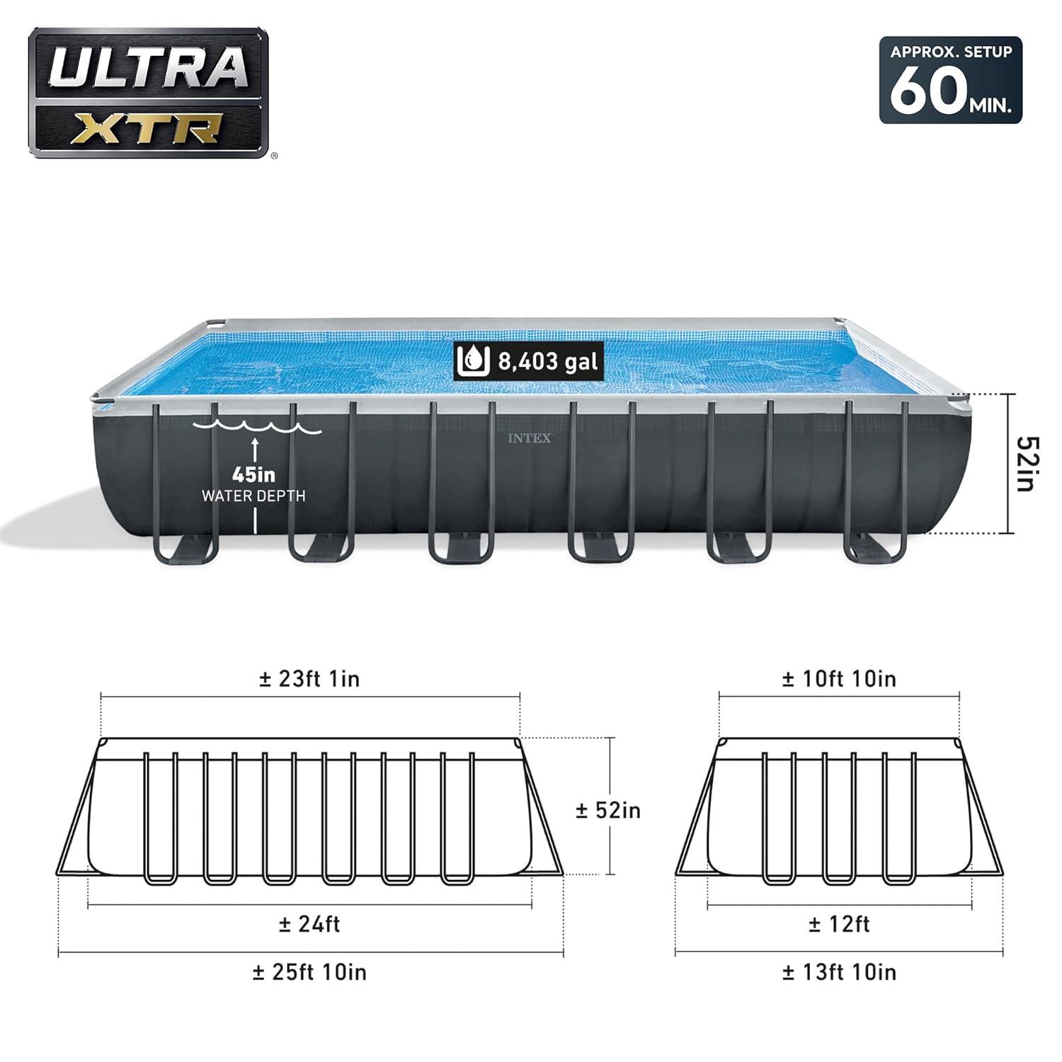 Intex Ultra 24ftX12ftX52in XTR Rectangular Metal Frame Swimming Pool Set w/Pump Filter