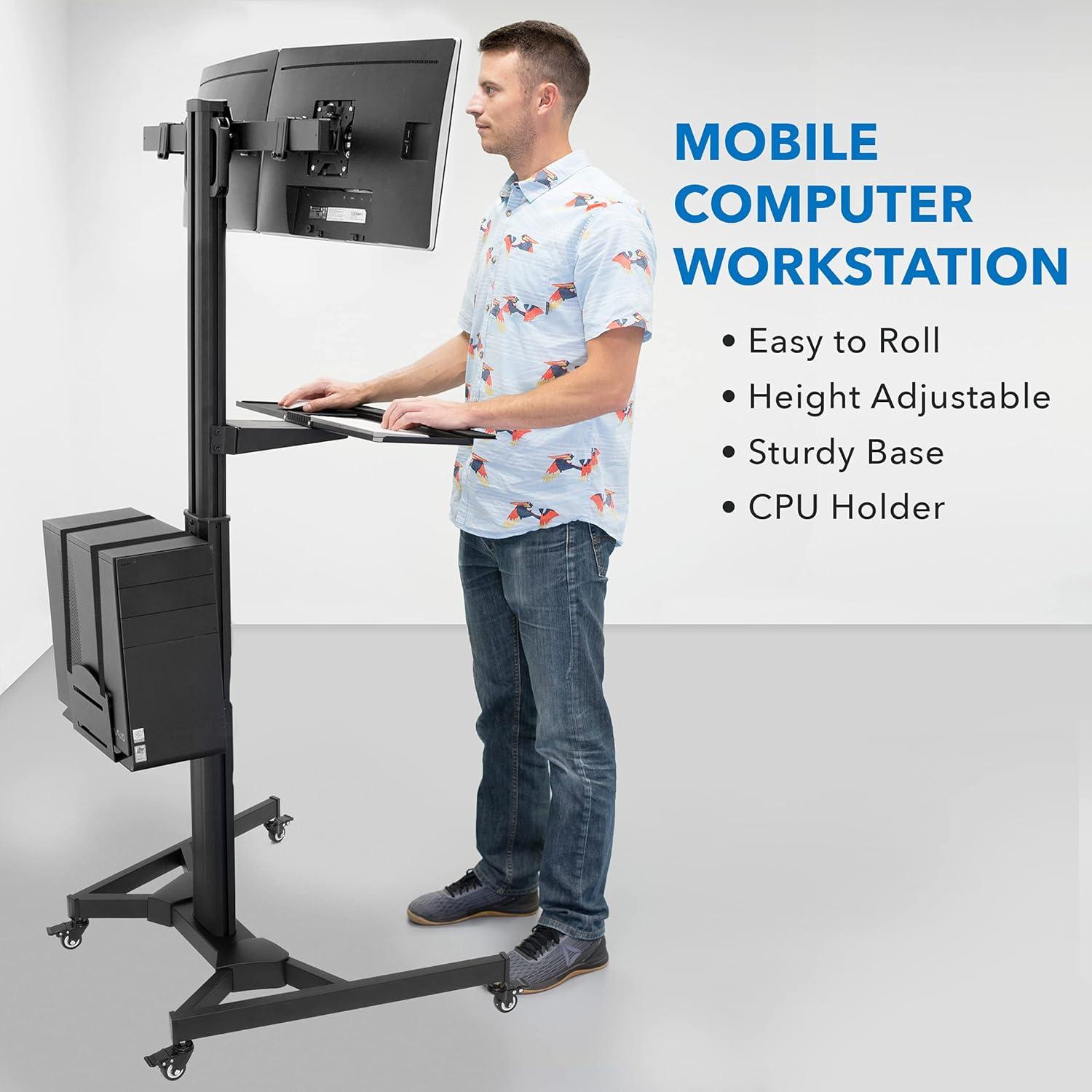 Mount-It! Adjustable Mobile Standing PC Workstation & Computer Cart with Adjustable Keyboard Tray and CPU Holder | Fits Monitors 13 to 32 in.