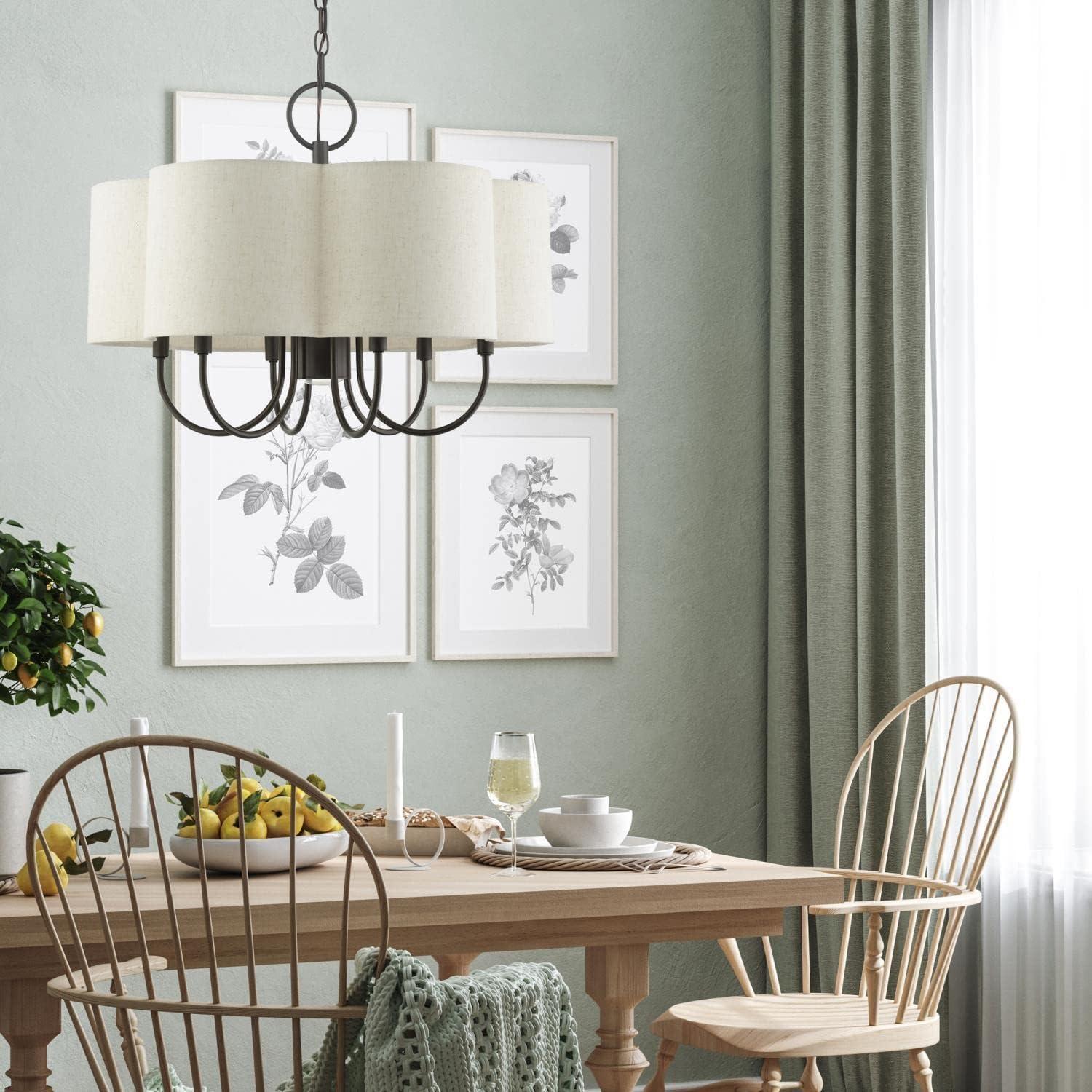 Elegant Solstice English Bronze 7-Light Chandelier with Oatmeal Shade