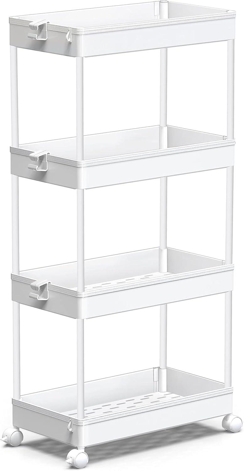 White 4-Tier Mobile Plastic Storage Cart with Wheels