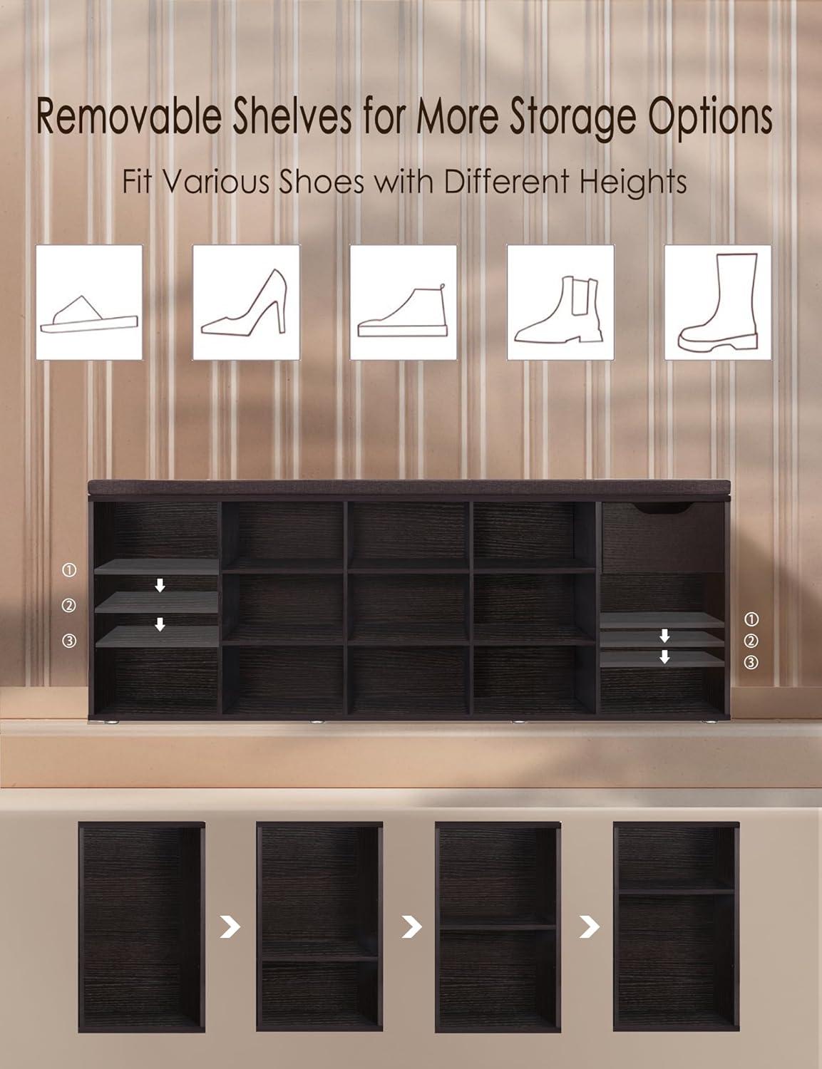 Shoe Rack Bench with Cushion 15-Cube Storage Bench Storage Cabinet for Entryway Espresso