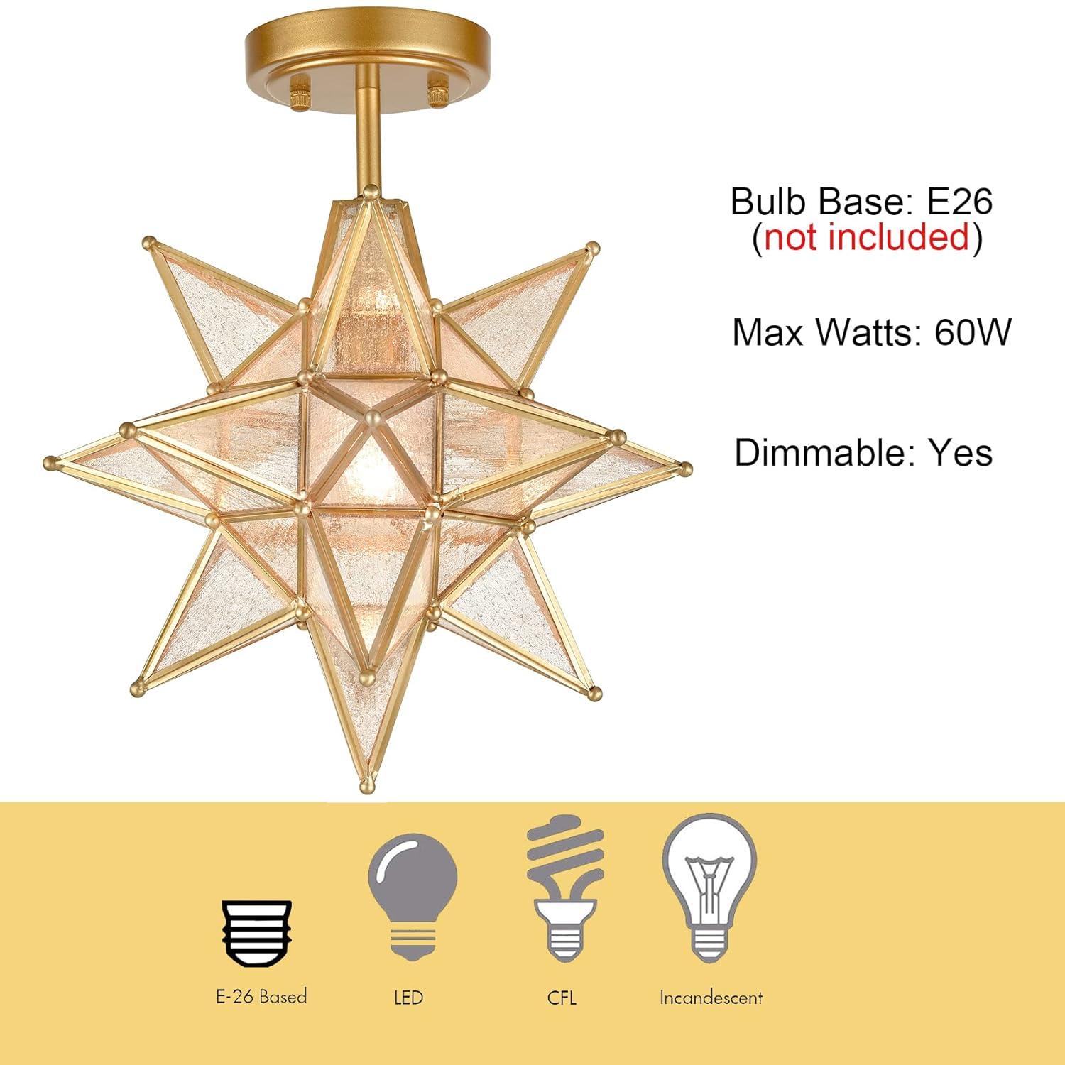 TANMAO  10-Inch Moravian Star Ceiling Light, Boho Moroccan Lamp with Seeded Glass Shade, Moravian Star Ceiling Light Modern Brass Flush Mount Lights for Office, Living Room, Dining Room, Kitchen