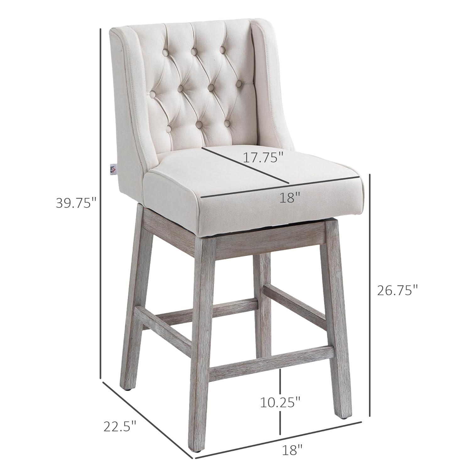 HOMCOM Counter Height Bar Stools Set of 2, 180 Degree Swivel Barstools, 27" Seat Height Bar Chairs with Solid Wood Footrests and Button Tufted Design, Beige