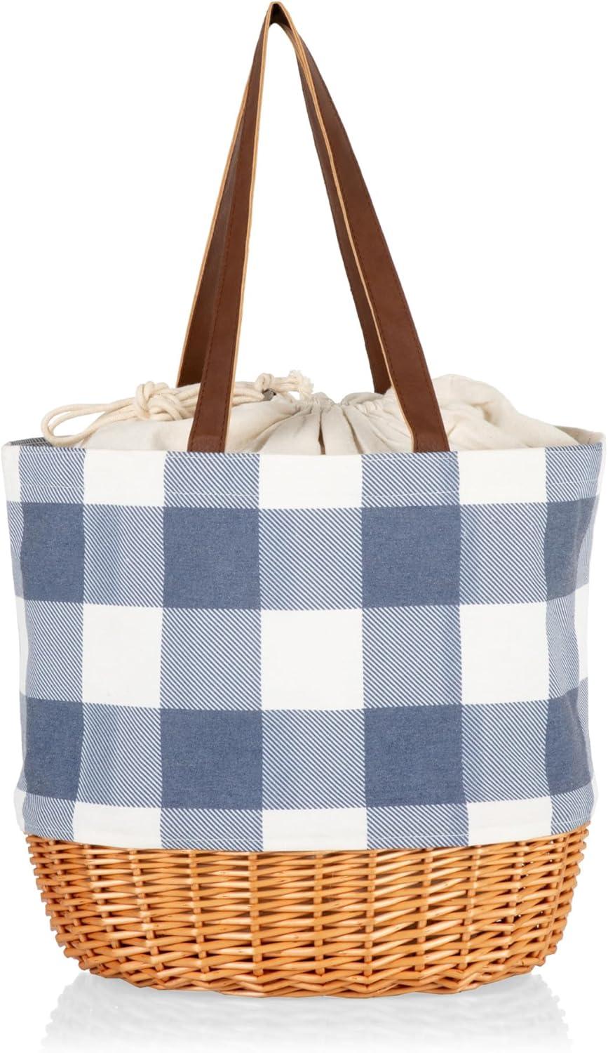 Picnic Time Coronado Canvas and Willow Basket Tote with Blue, White, and Beige Accents