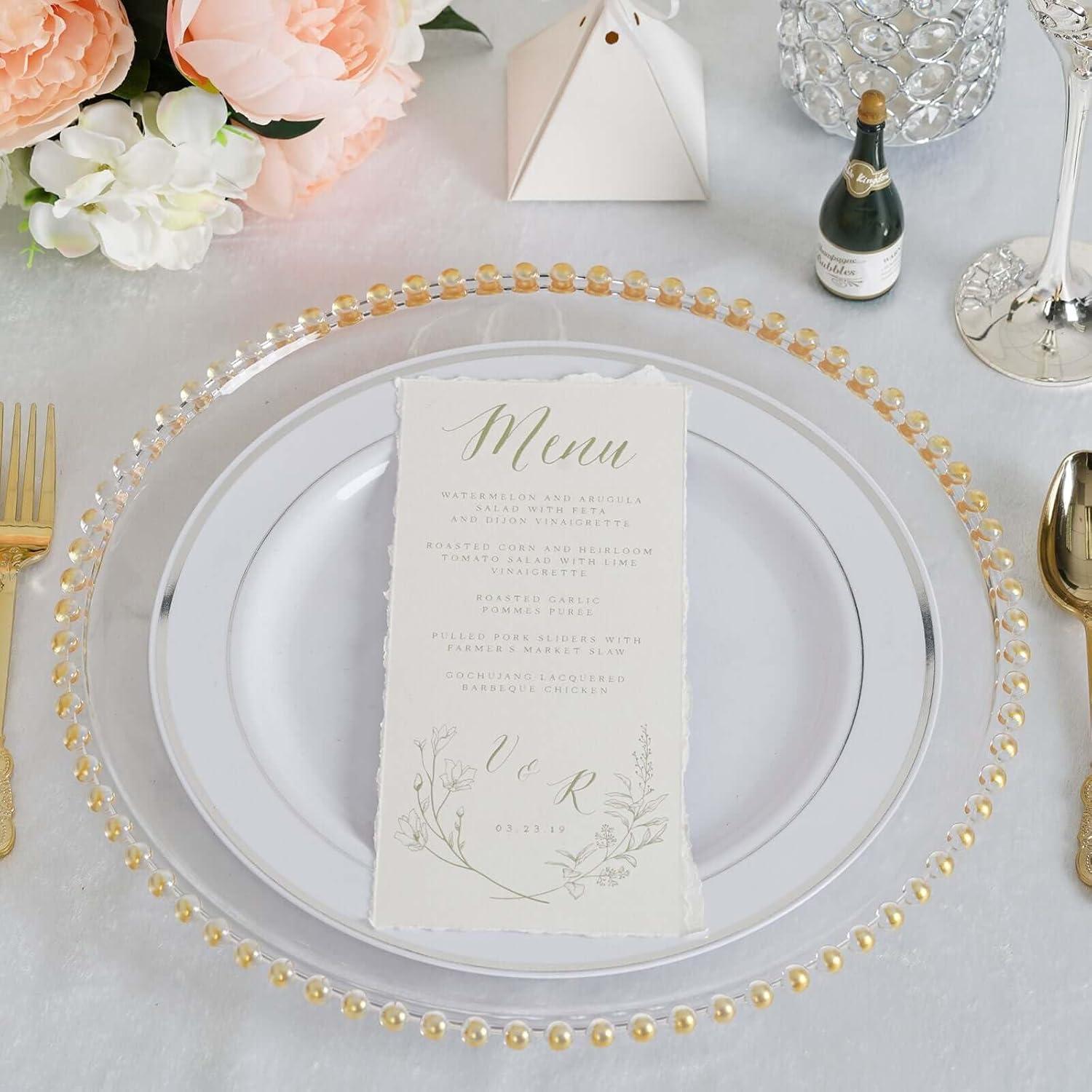 Efavormart 6 Pack 12" Gold Clear Acrylic Round Charger Plates With Beaded Rim Dinner Charger Plates