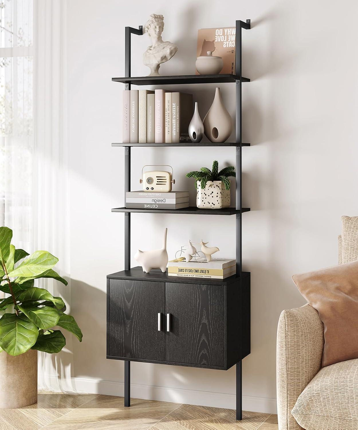 Black Industrial Ladder Bookshelf with Cabinet and Metal Frame