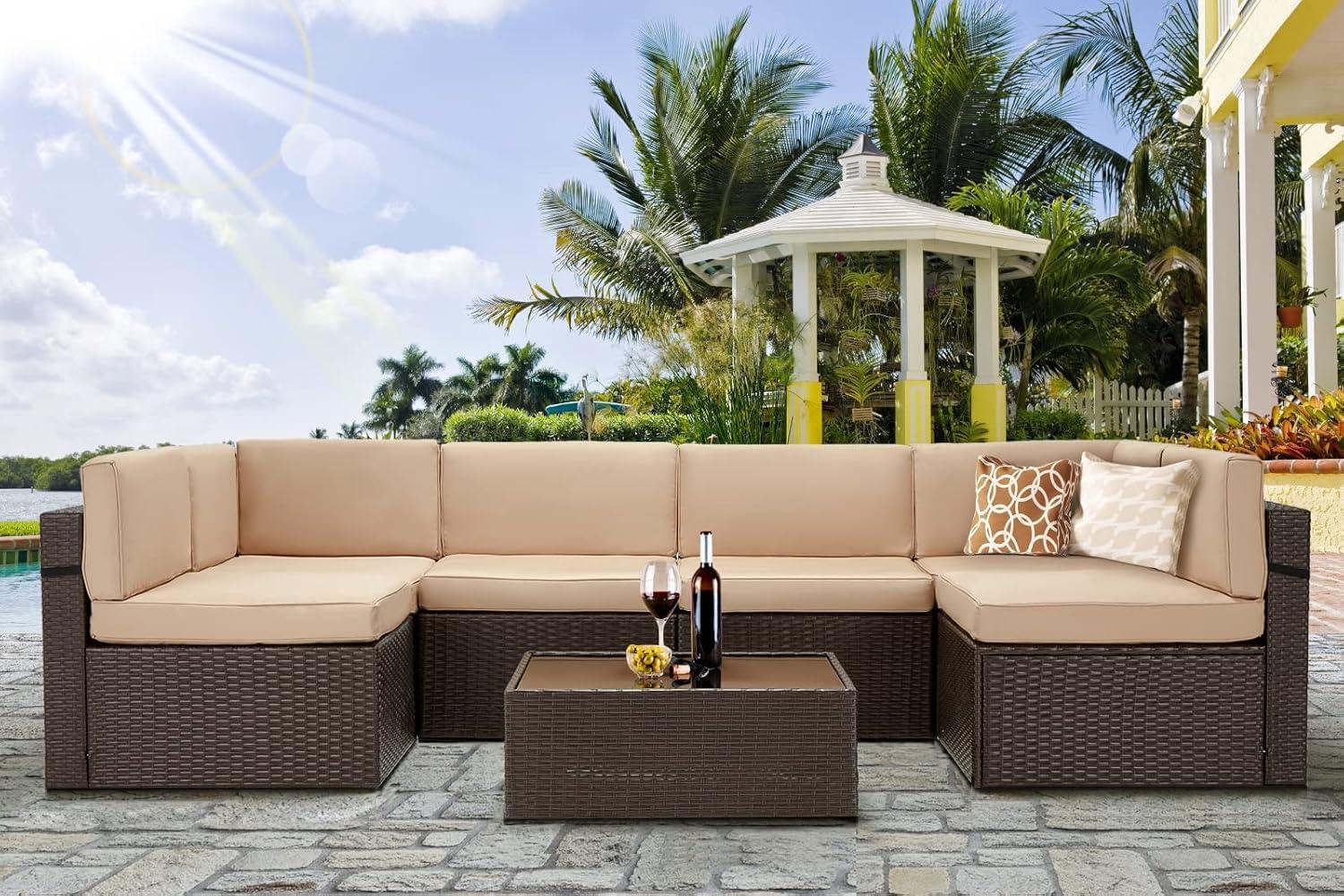U-MAX 7 Piece Outdoor Patio Furniture Set, PE Rattan Wicker Sofa Set, Outdoor Sectional Furniture Chair Set with Cushions and Tea Table, Brown