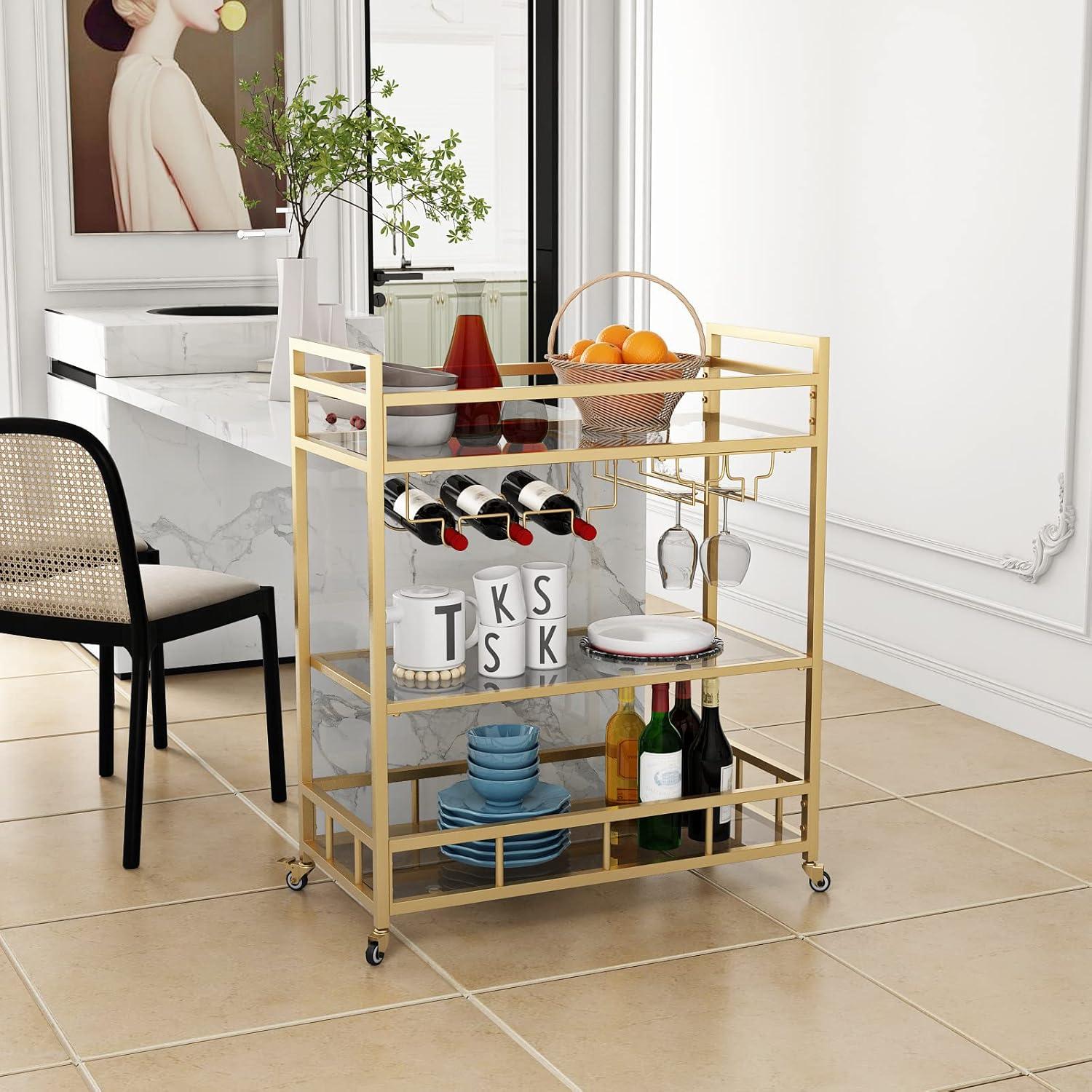 Bar Cart Gold with Bottle Storage and Wine Glass, Rolling Serving Bar Cart on Wheels Indoor & Outdoor, Patio, Gold Kitchen Serving Cart for Party(3-Tier)