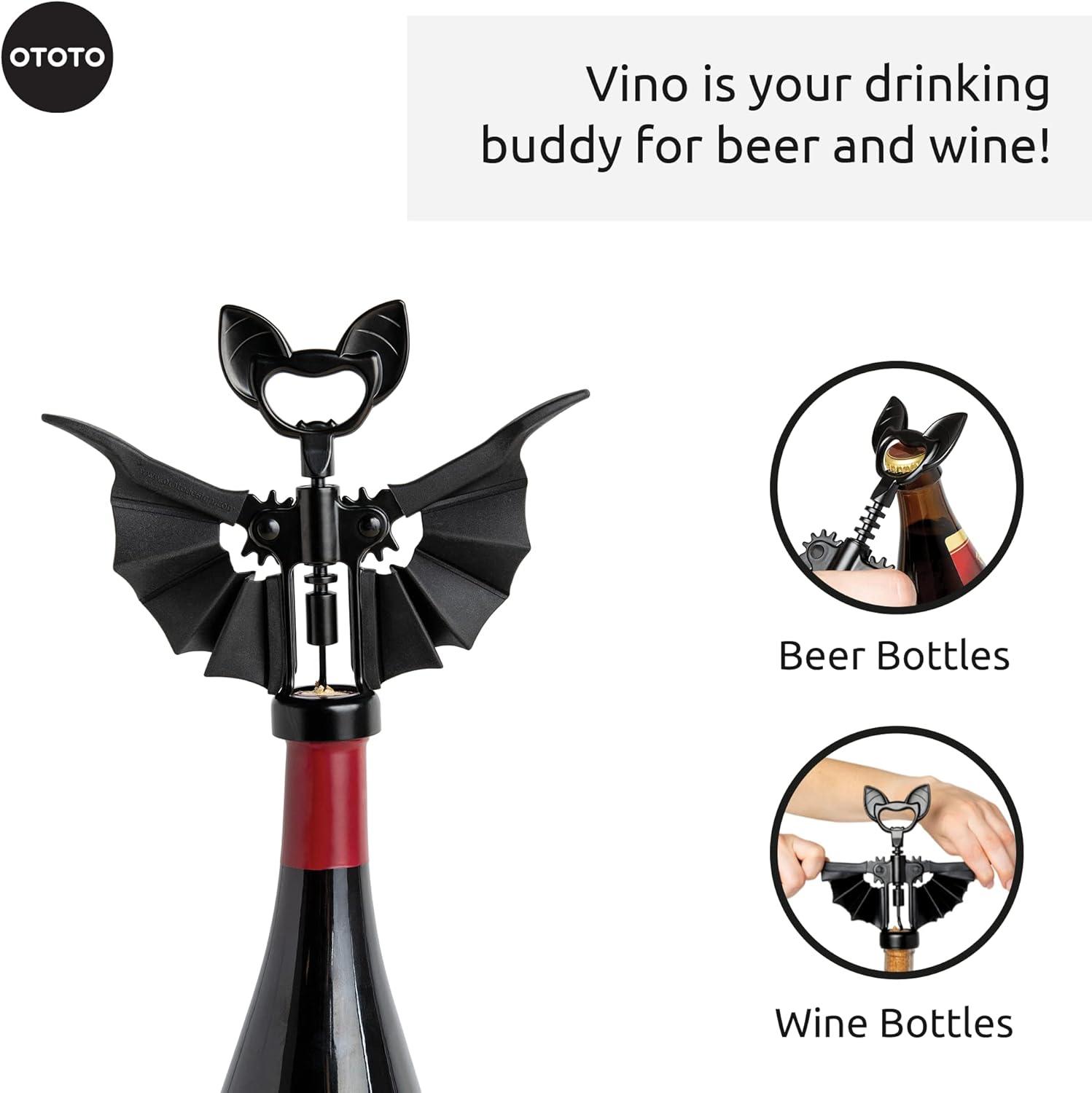 Ototo Vino Corkscrew and Bottle Opener: Silicone & Metal, Hand Wash, Black, 6.6" Length, 1.69" Width