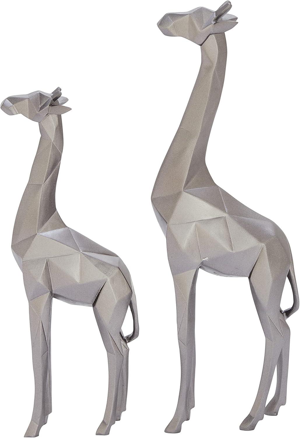 Silver Geometric Polystone Giraffe Sculptures, Set of 2