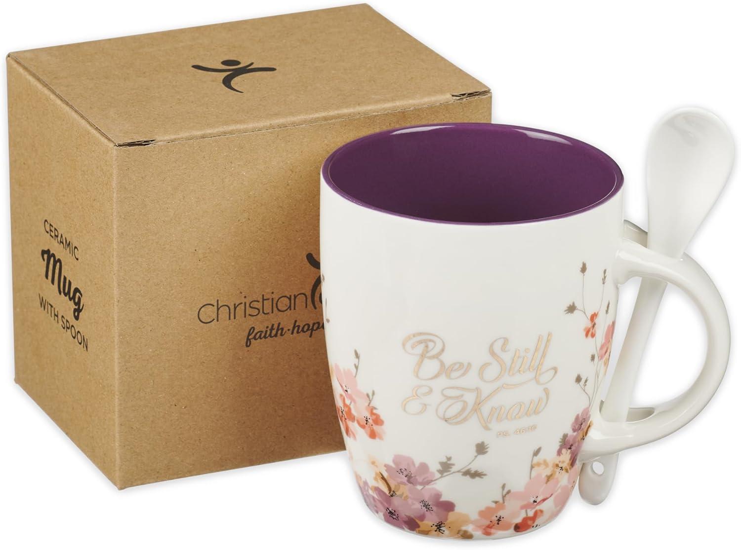 Christian Art Gifts Coffee and Tea Scripture Mug with Ceramic Spoon Set for Women: Be Still and Know - Psalm 46:10 Inspirational Bible Verse Message Hot & Cold Beverage, Purple/White Floral, 12 oz.