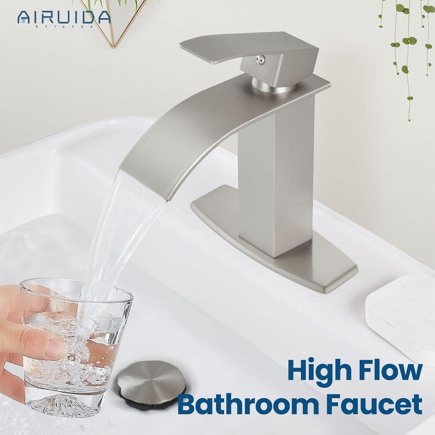 Waterfall Single Handle Bathroom Vanity Sink Faucet with Metal Pop-up Drain, Brushed Nickel Finish