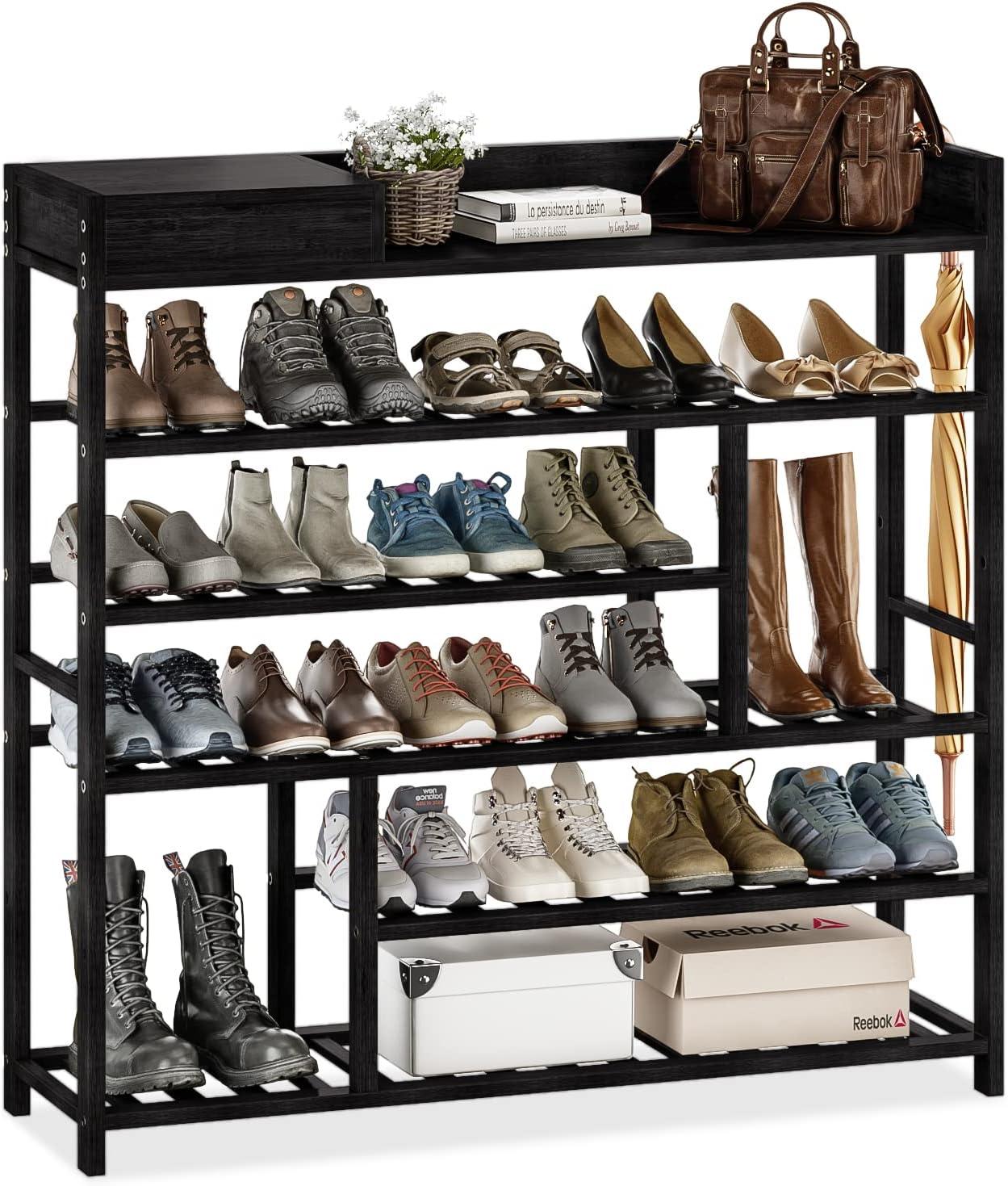 Shoe Rack for Front Door Entrance Bamboo Shoe Organizer with Storage Box Free Standing shoe cabinet Shoe Storage Shelf for Entryway, Closet and Doorway (Black)