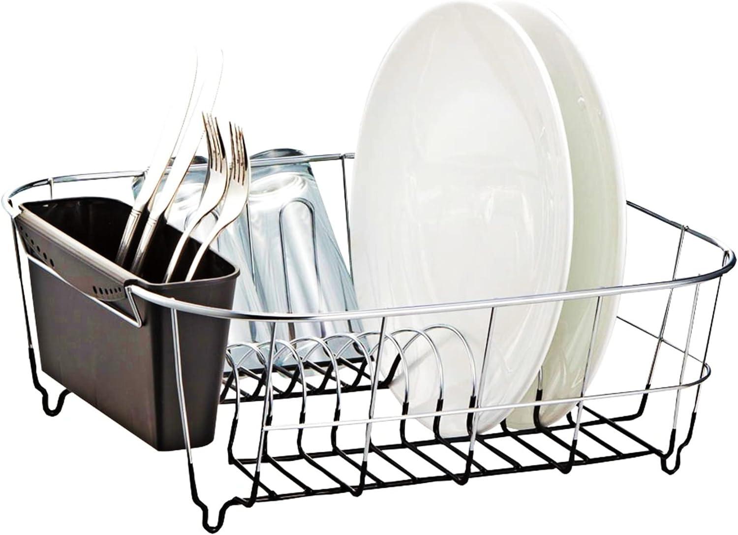 Chrome-Plated Steel Small Dish Rack with Utensil Cup