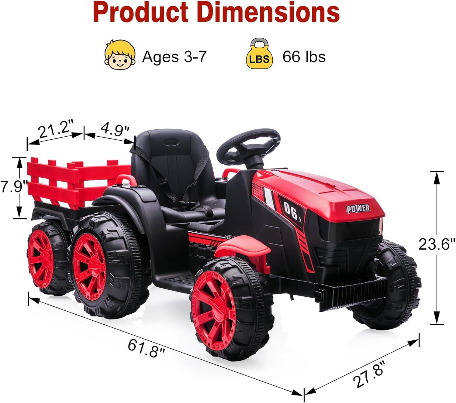 12V Kids Ride On Tractor with Trailer Battery Powered Electric Vehicles Toy