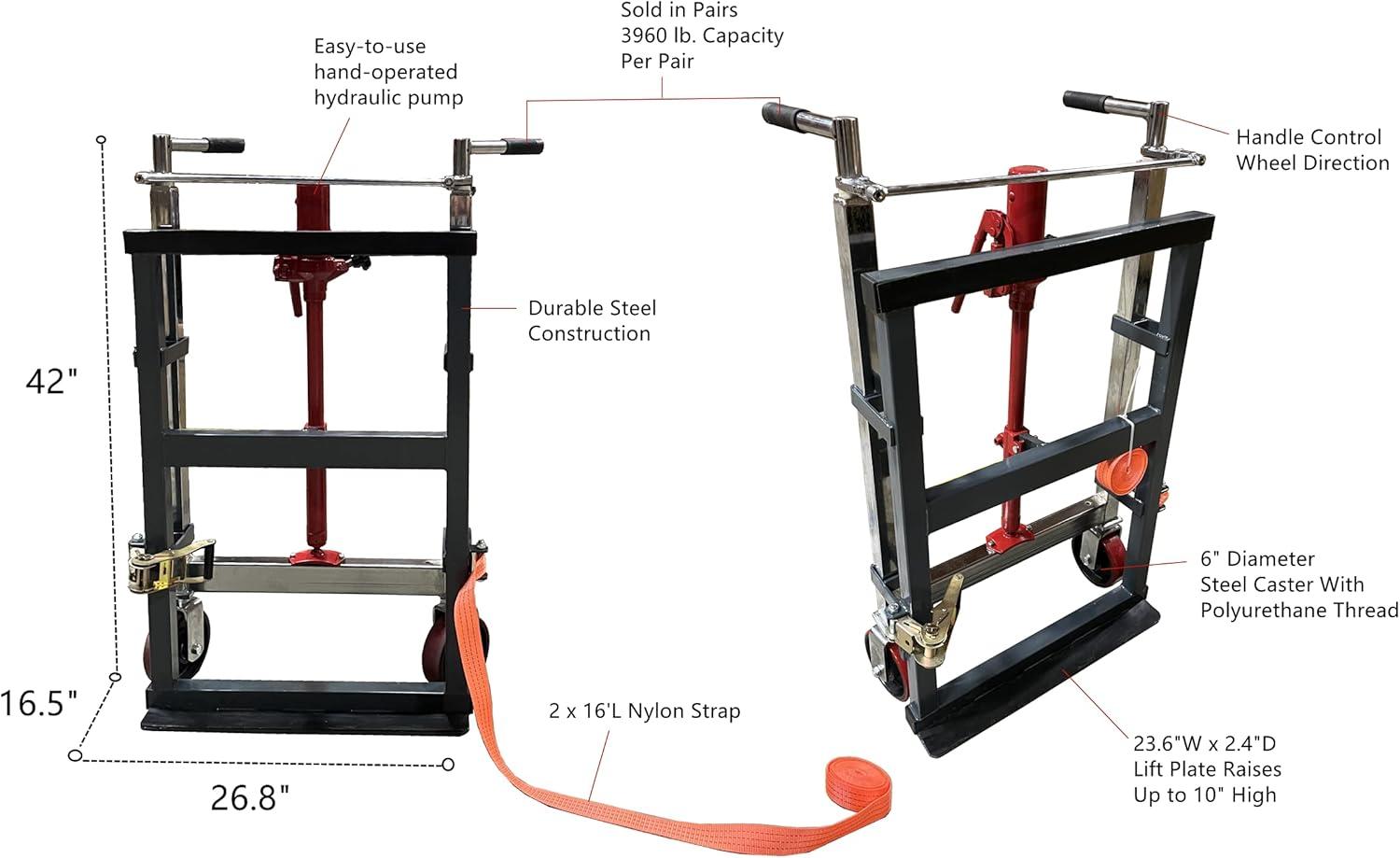 Heavy Duty Steel Hydraulic Furniture Mover with Straps