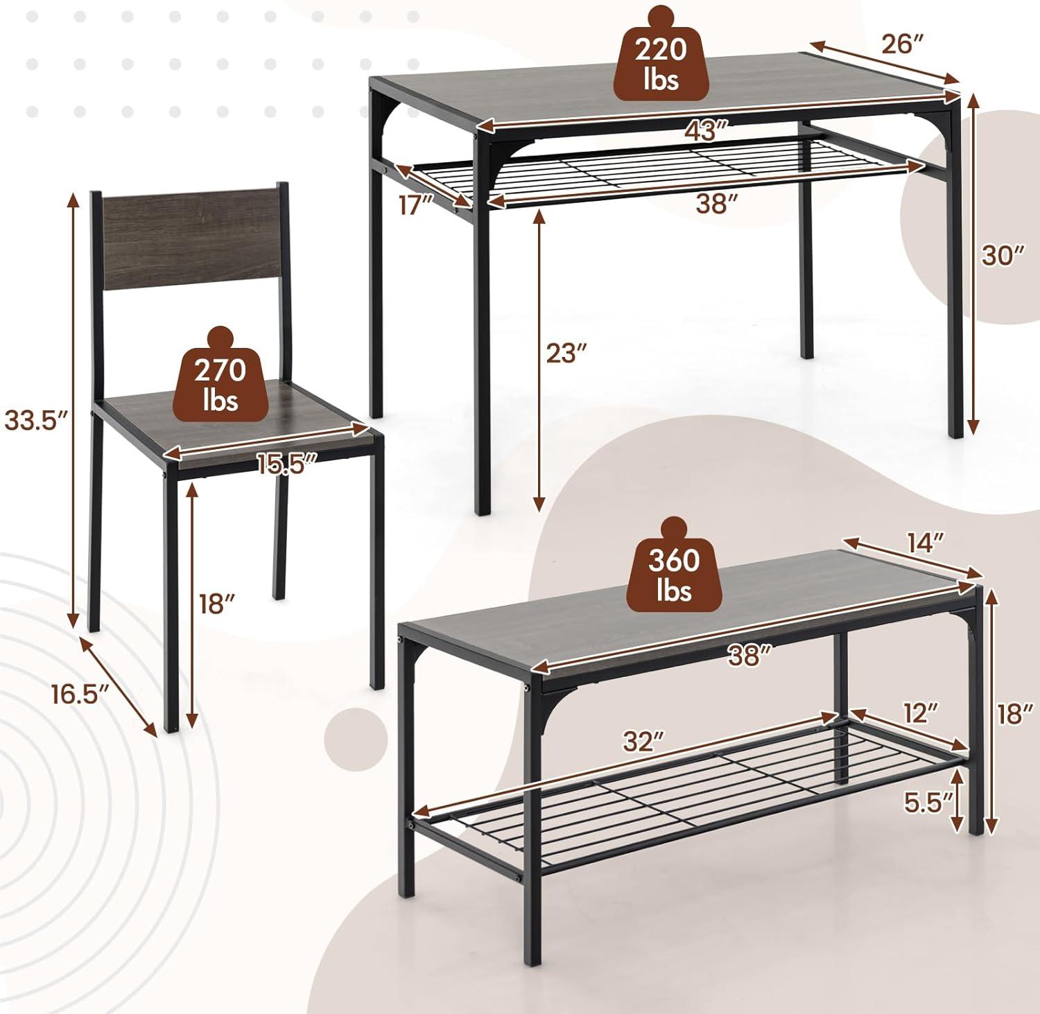 Costway 4 PCS Dinette Set for Small Place Breakfast Nook Modern Dining Table with 2 Chairs Grey