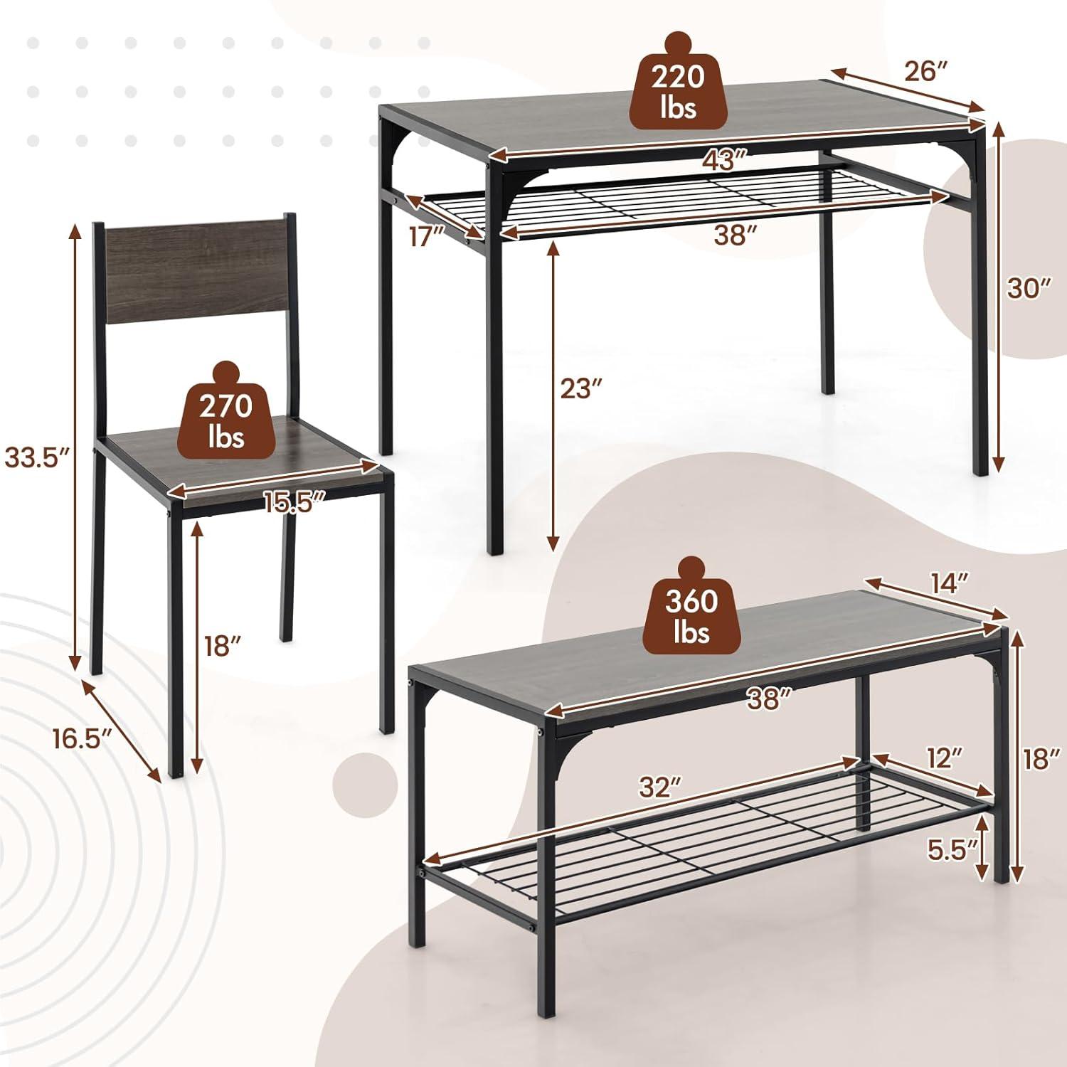 Costway 4 PCS Dinette Set for Small Place Breakfast Nook Modern Dining Table with 2 Chairs Grey