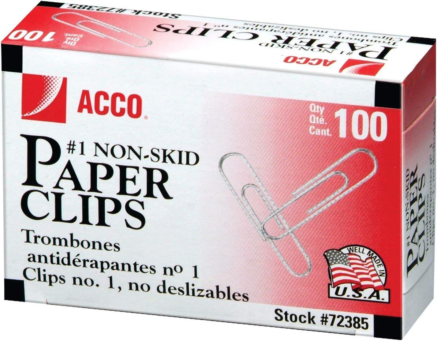 ACCO Paper Clips, #1, Nonskid, Silver, 100 Clips/Box, 10 Boxes/Pack