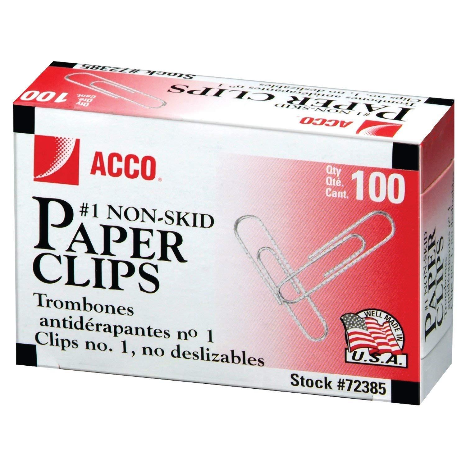 ACCO Paper Clips, #1, Nonskid, Silver, 100 Clips/Box, 10 Boxes/Pack