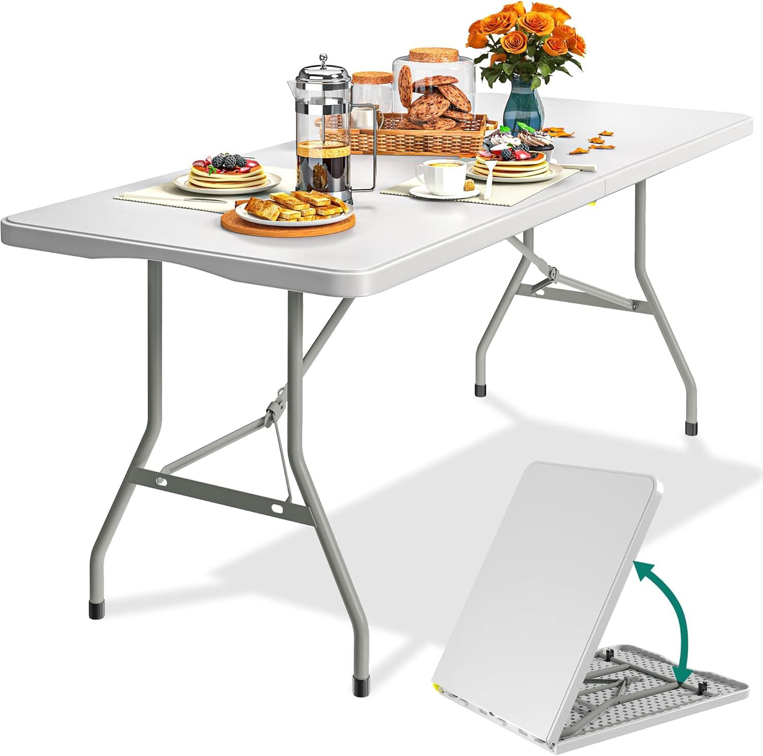 Folding Table 6 Foot,  Heavy-Duty, Portable Plastic Construction with Carrying Handle – Perfect for Picnics, Parties, and Office Indoor Outdoor Use, White