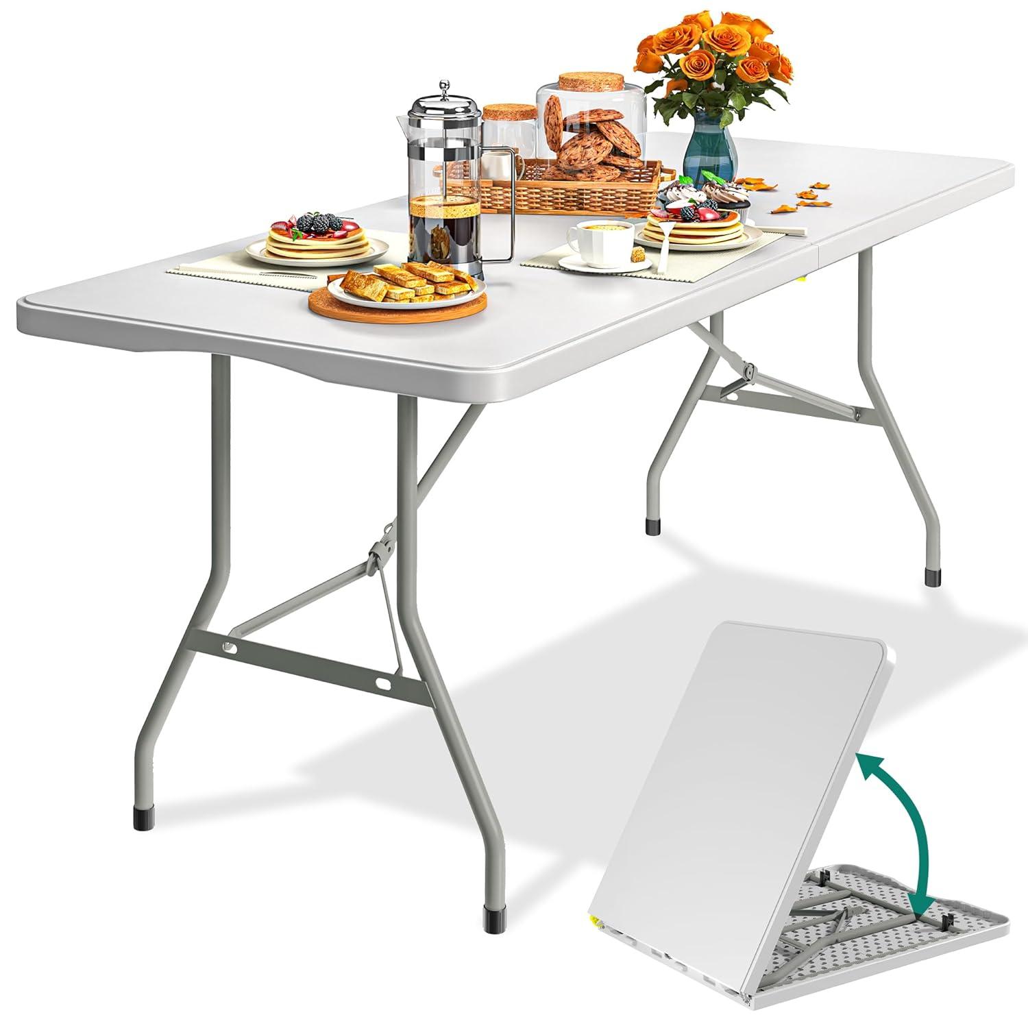 Folding Table 6 Foot,  Heavy-Duty, Portable Plastic Construction with Carrying Handle – Perfect for Picnics, Parties, and Office Indoor Outdoor Use, White
