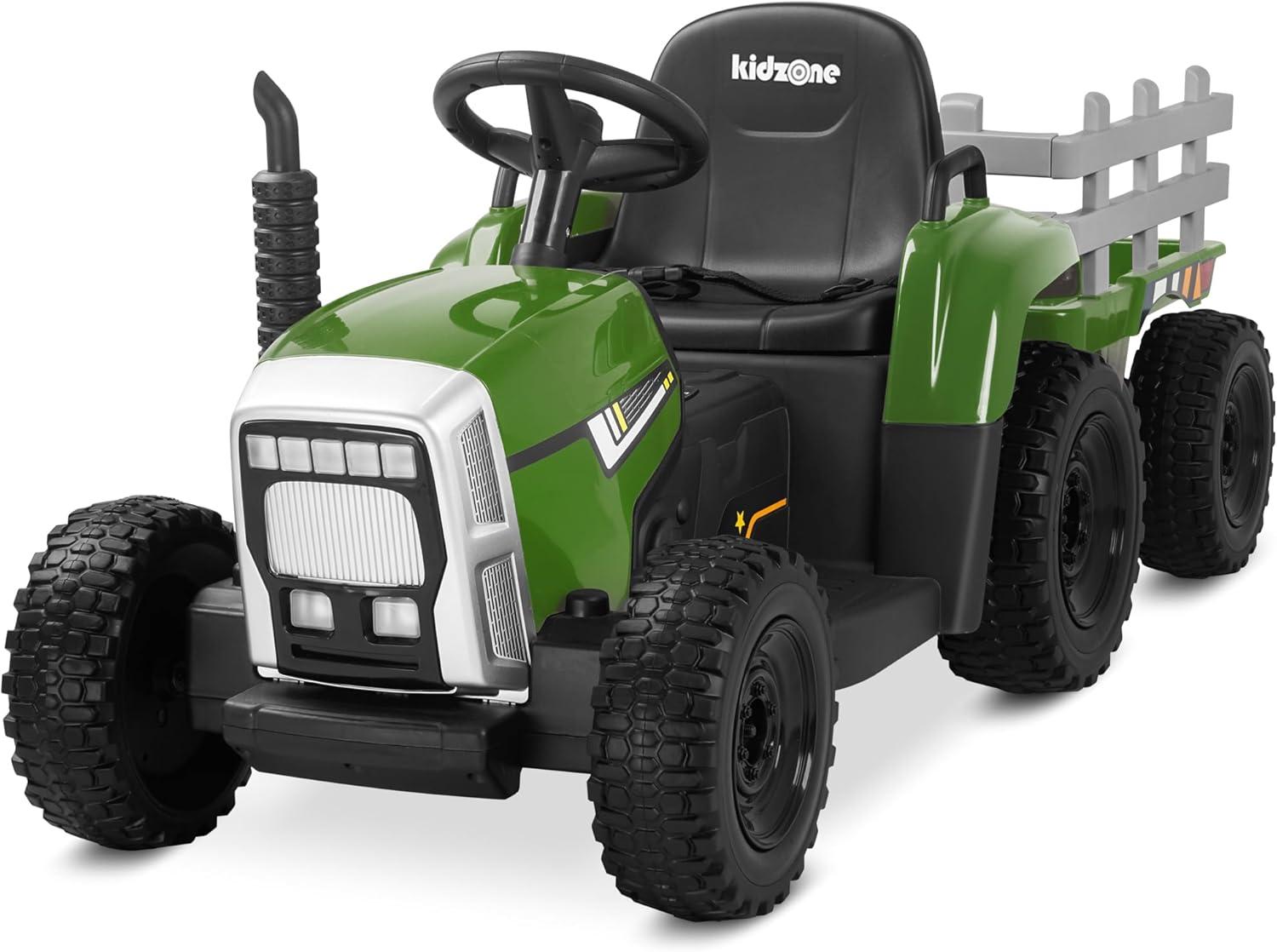 Kidzone Dark Green 12V Electric Tractor with Trailer and EVA Tires