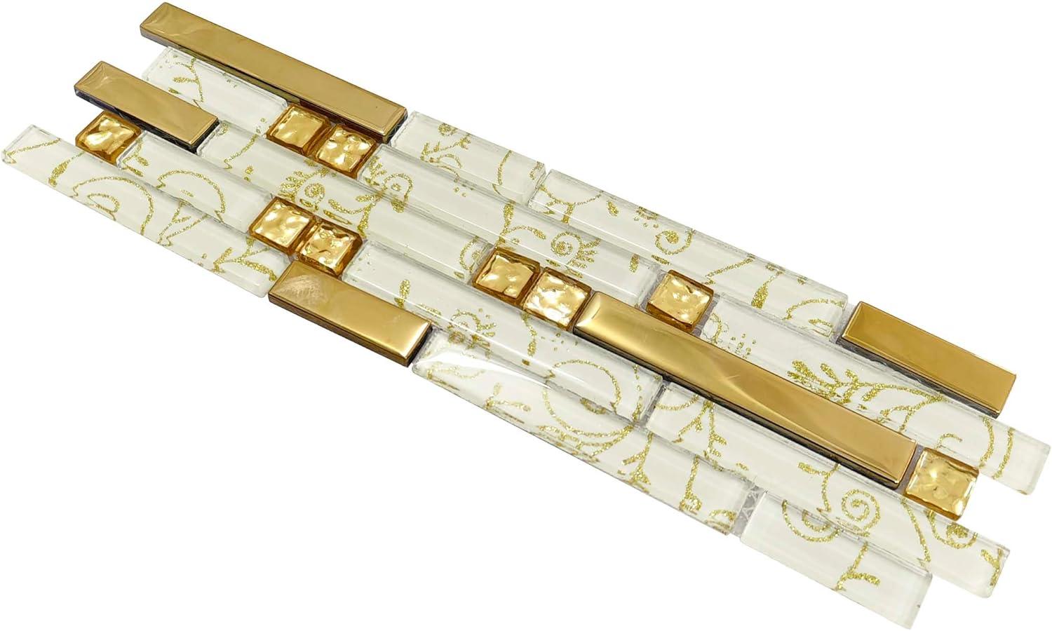 Metallic Glass Tile Luxury Gold Linear Interlocking Elegant Floral Pattern Accents Mosaic for Kitchen Backsplash Bathroom Wall and Fireplace Decor (3x12 Sample)