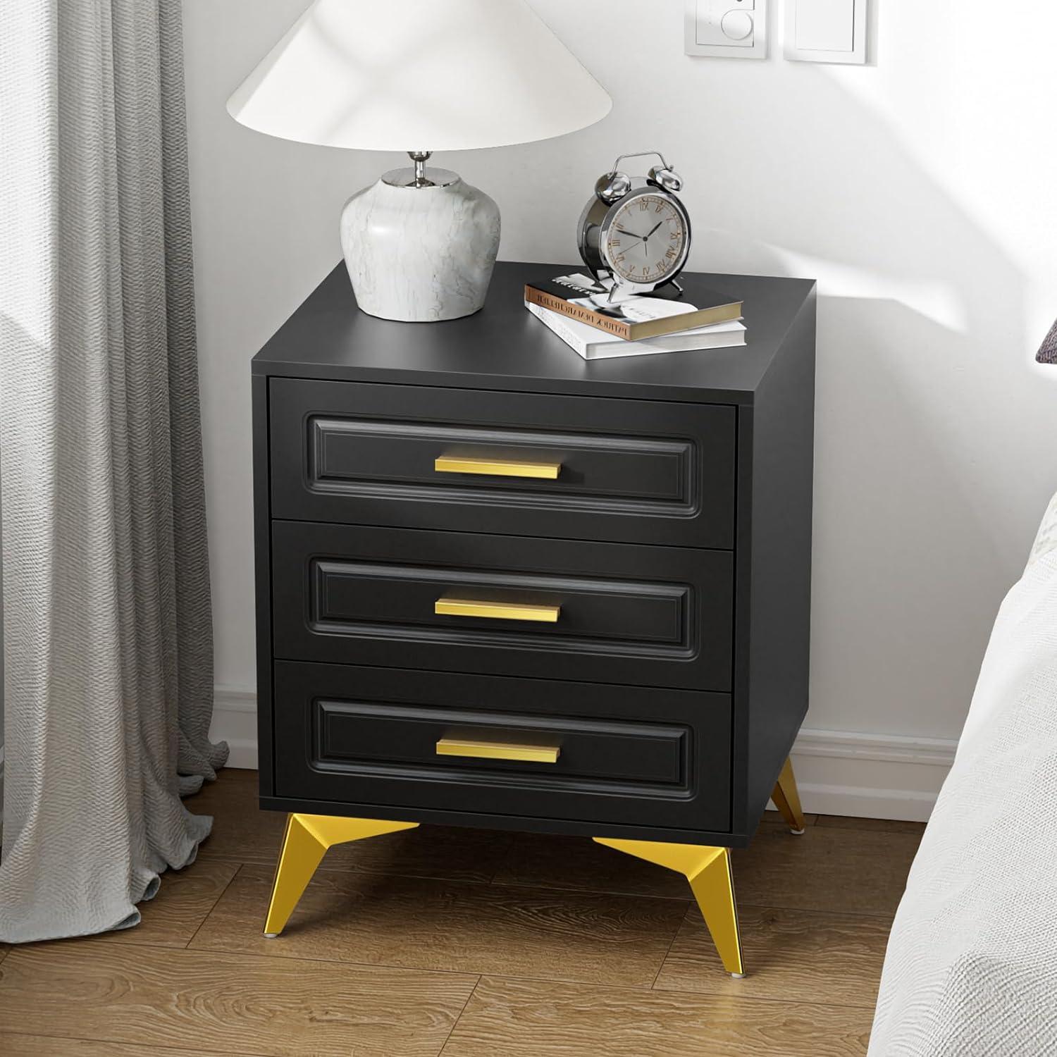 Black and Gold 3-Drawer Modern Nightstand with Metal Legs