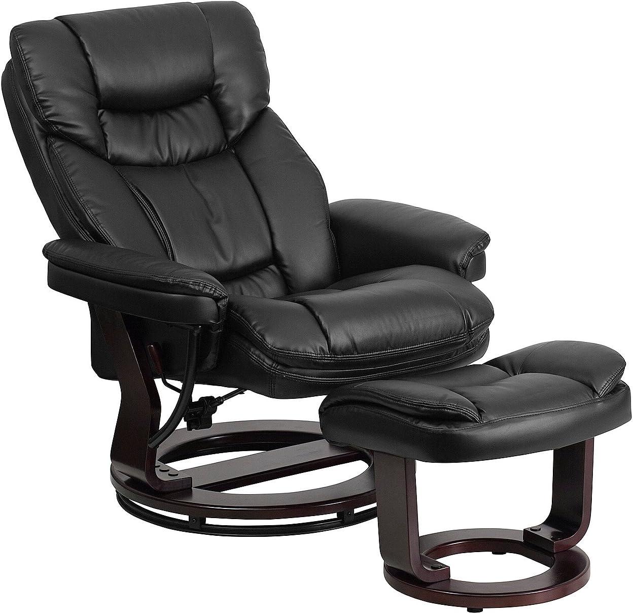 Flash Furniture Contemporary Multi-Position Recliner and Curved Ottoman with Swivel Mahogany Wood Base