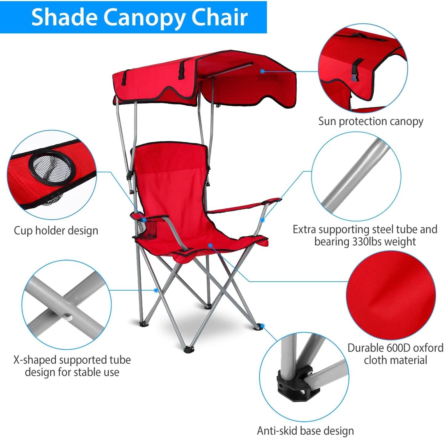 ChicCrest Elevon Camp Chairs with Shade Canopy Chair Folding Camping Recliner Support with Carrying Bag-Red