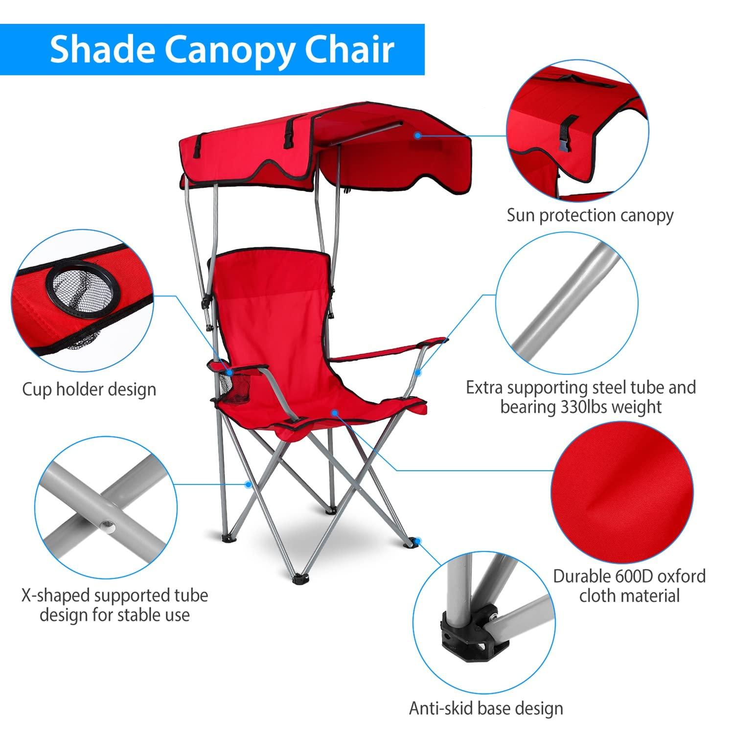 LakeForest"Foldable Beach Canopy Chair with Sun Protection, Cup Holder, and 330lbs Capacity for Outdoor Activities"Red