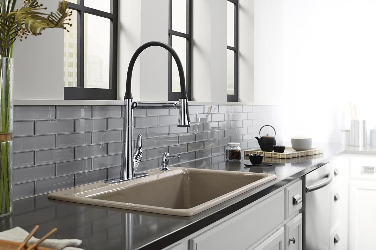 Polished Chrome Articulating Pull-Down Kitchen Faucet with Soap Dispenser