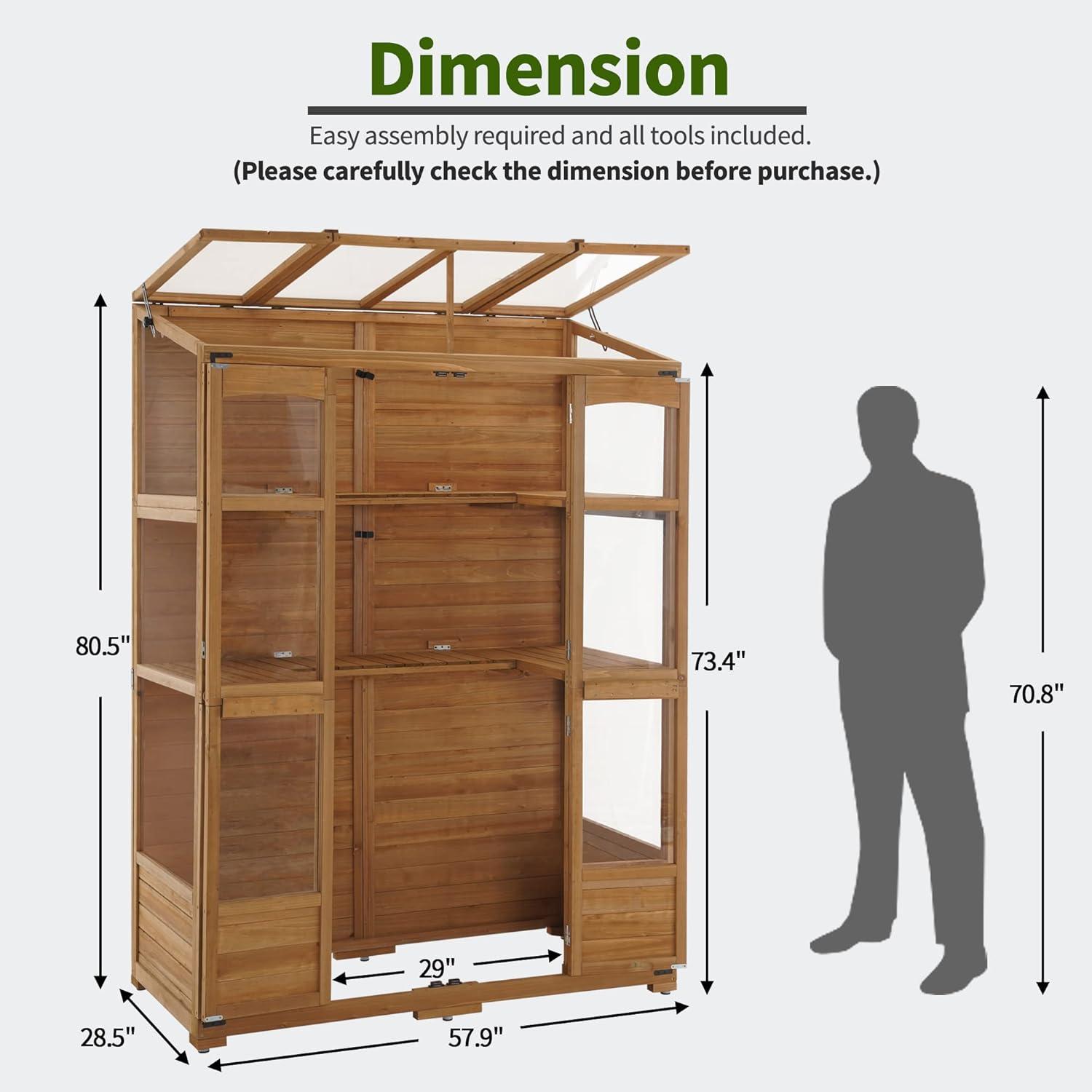 Natural Fir Wood Walk-In Greenhouse with Openable Roof