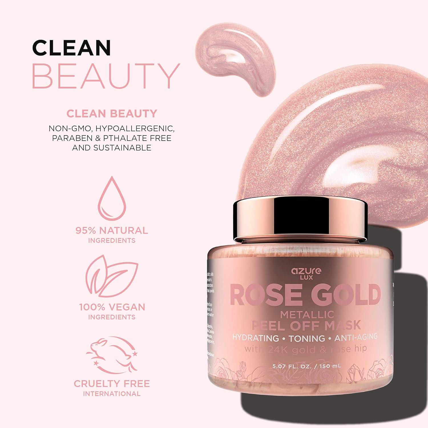 AZURE Rose Gold Metallic Sparkling Peel Off Moisturizing Face Mask - Deeply Exfoliates Blackheads & Dirt and Oil | Reduces Wrinkles, Fine Lines & Acne Scars | Repairs Uneven Skin Tone - 150mL