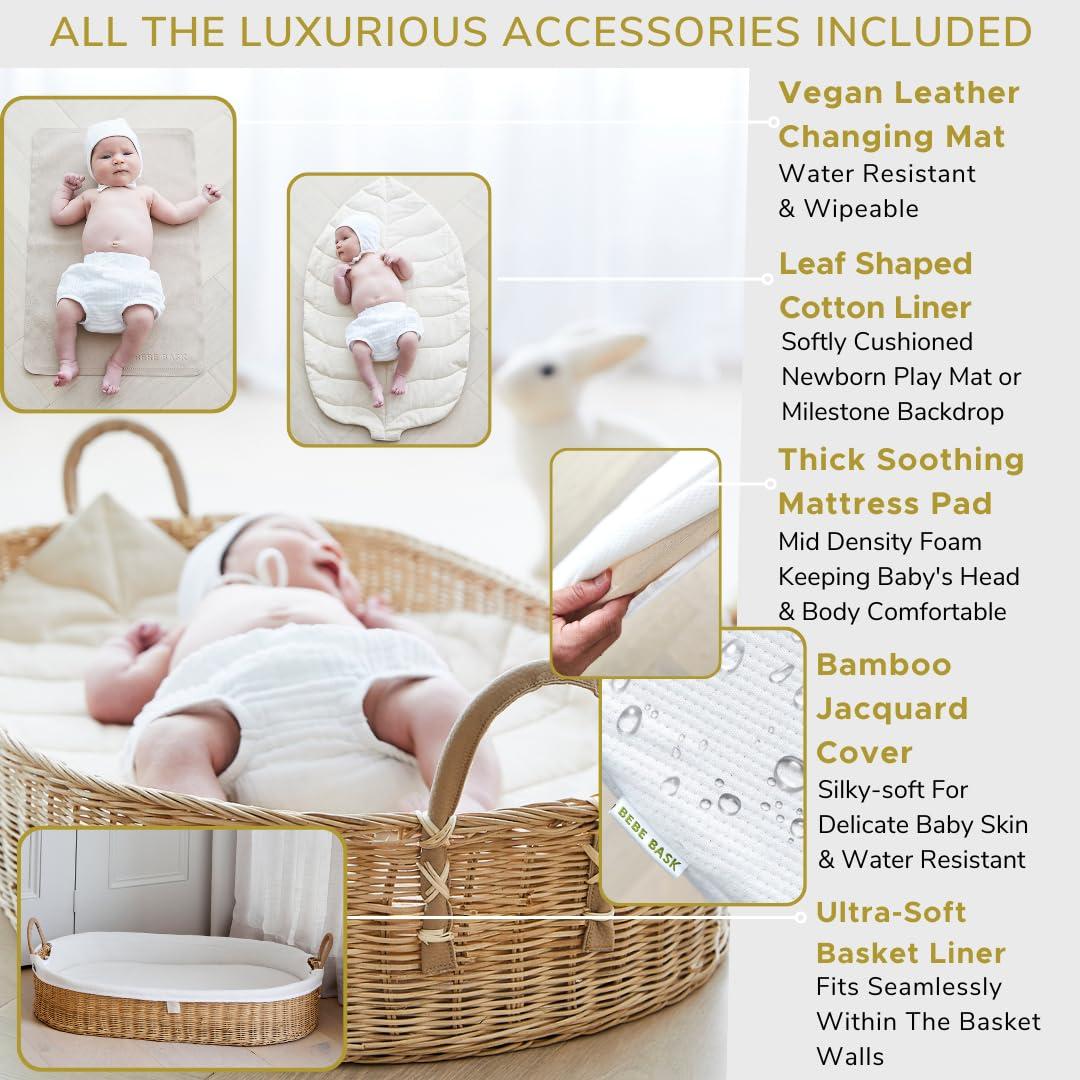 Premium Baby Changing Basket - Artisan-Crafted Rattan with Extra High Sides - Wicker Changing Basket for Baby Dresser - All Accessories Included - Complete Set for Nursery (Rattan)