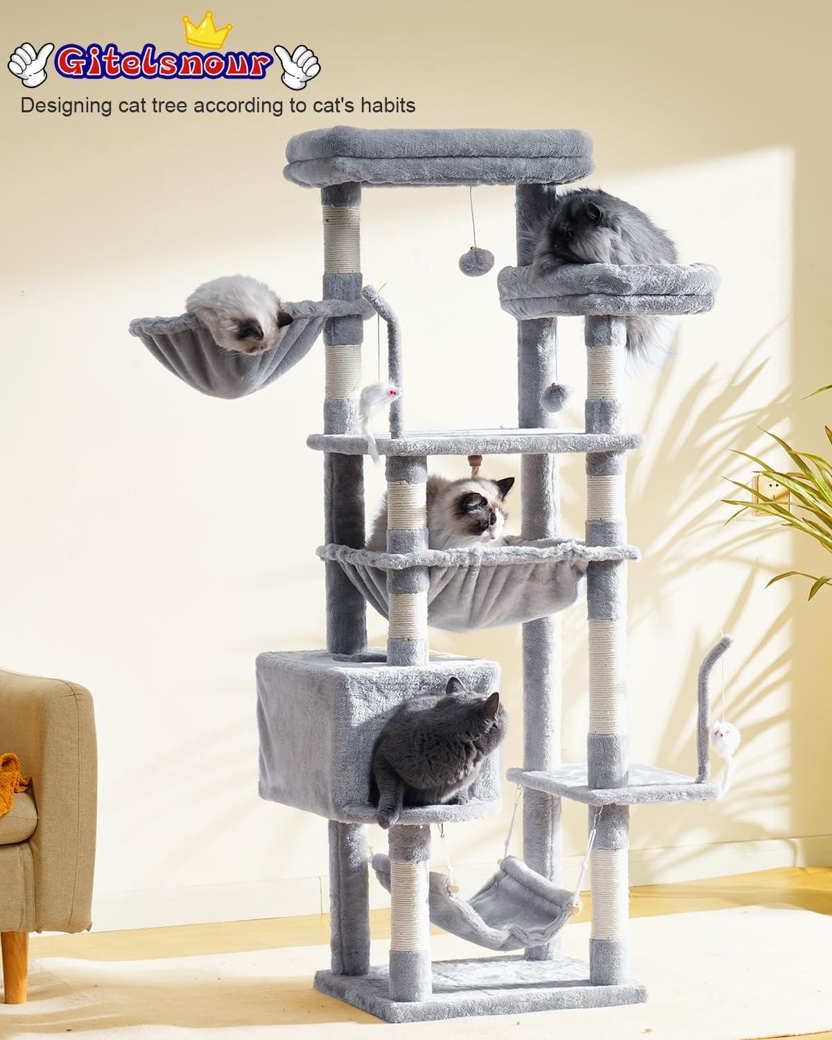 63" Cat Tree For Large Breeds - Spacious Platforms, Hammock, Sisal Scratching Posts & Cat Condo, Indoor Use