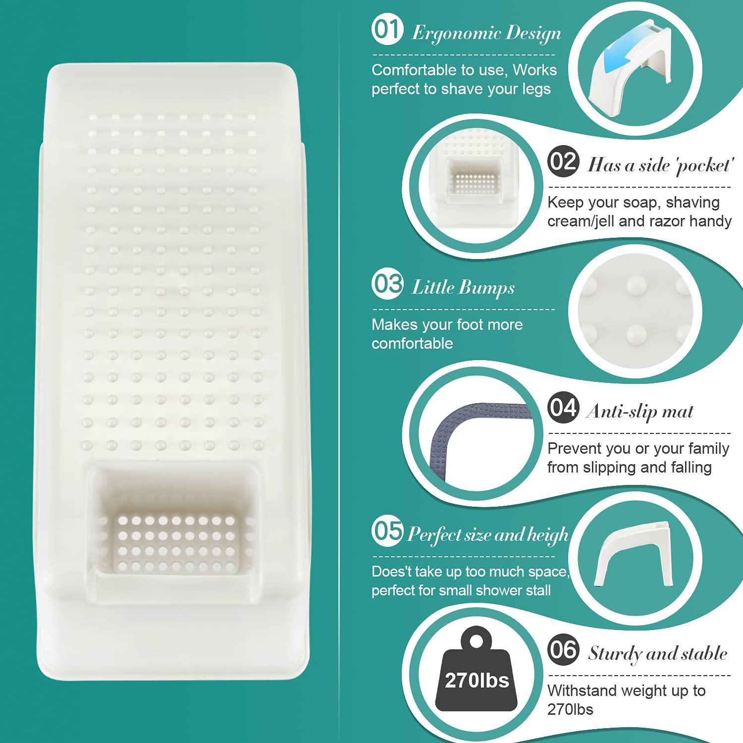 Basicwise Shower Footrest, White Bath Foot Stool for Shaving Legs, Non-Slip Sturdy Pedicure Footrest, Spa Footrest Shaving Stool With Storage