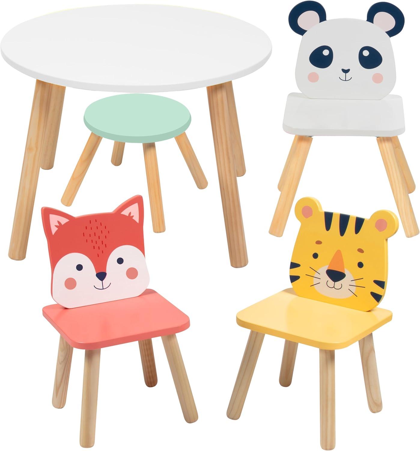 Kids Animal Table & Chair Set- Toddler Table w 3 Toddler Seats & Adult Stool for Arts, Activities- Adorably Themed Playroom Furniture, Dining Table or Activity Center for Daycares Classroom Play Area