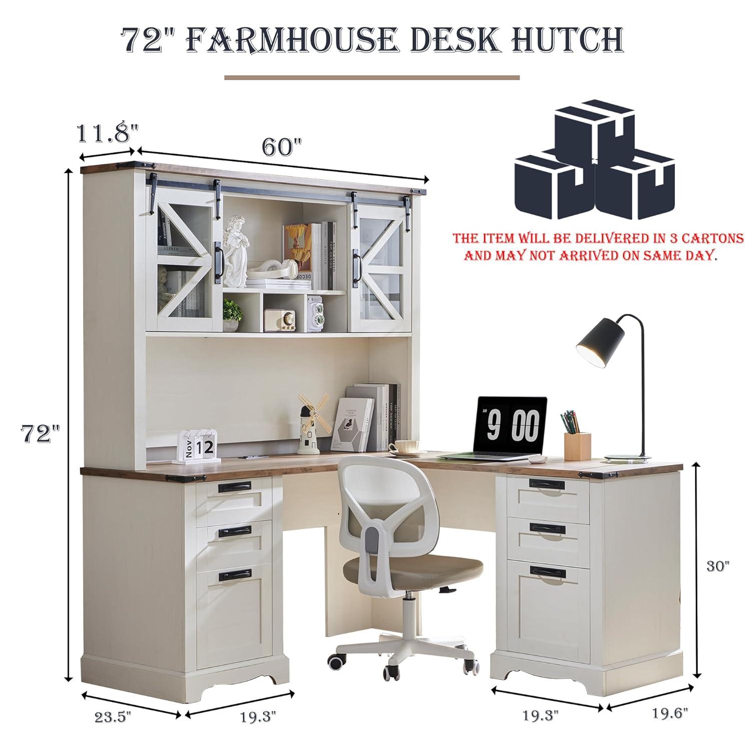 RedLemon 60" Farmhouse L Shaped Desk with Hutch, Wood Home Office Executive Desk with Drawer, Charging Station, File Drawer, Storage Cabinet, Rustic Writing Computer Desk (Antique White)