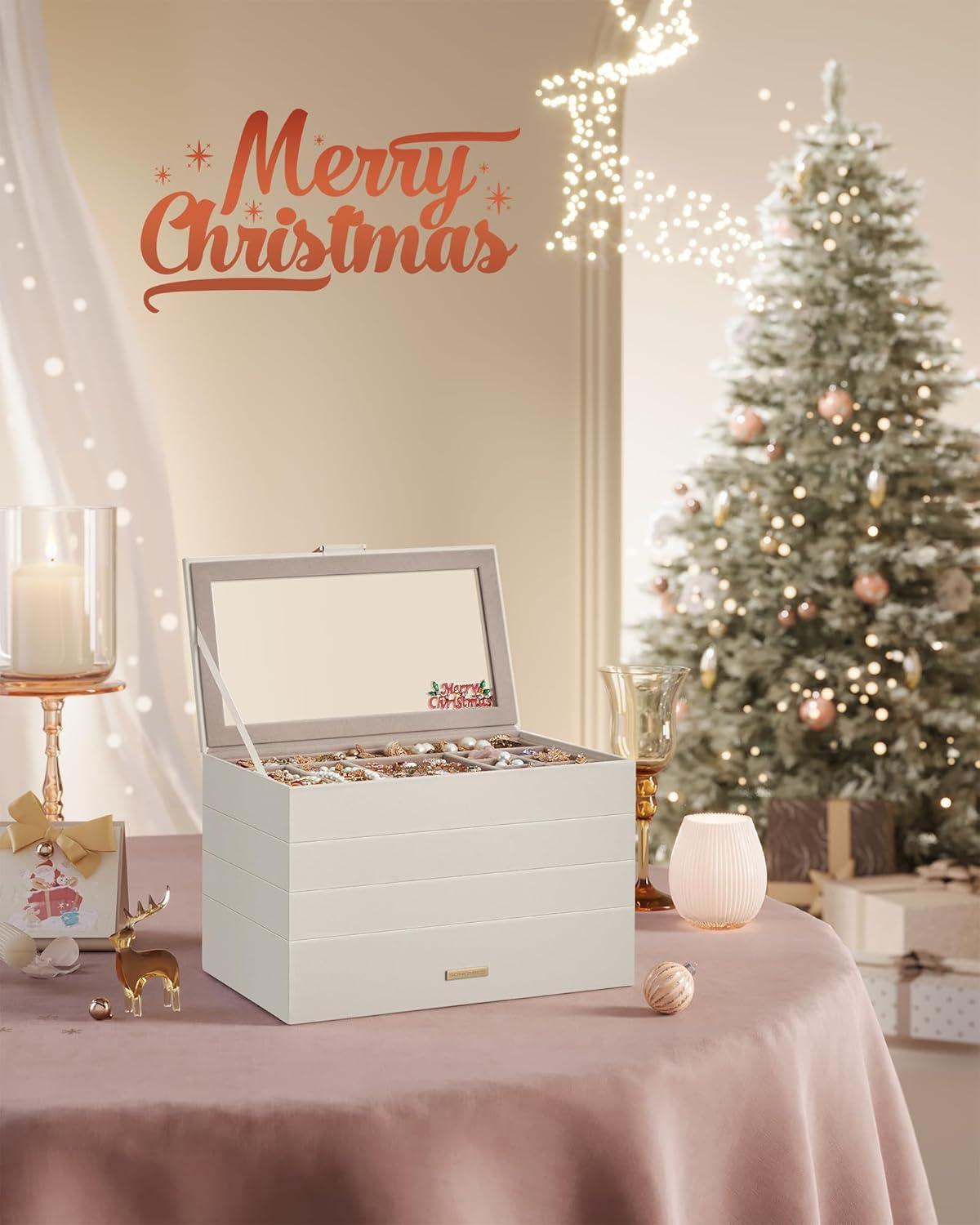 Latitude Run® Stackable Jewelry Trays, 4-Tier Jewelry Box, Drawer Jewelry Organizer, With Glass Lid, Removable Dividers, For Vanity Table, 6.7 X 11 X 7.2 Inches, Cloud White