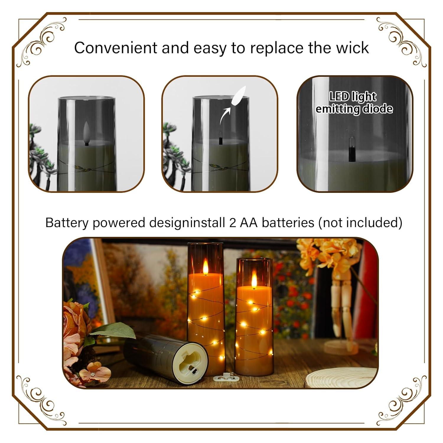 Raycare Flameless LED Candles with Embedded Star String, 9 Pcs Battery Operated Acrylic Pillar Candles with Timer and Remote, Flickering for Romantic Ambiance and Home Decoration (Grey)