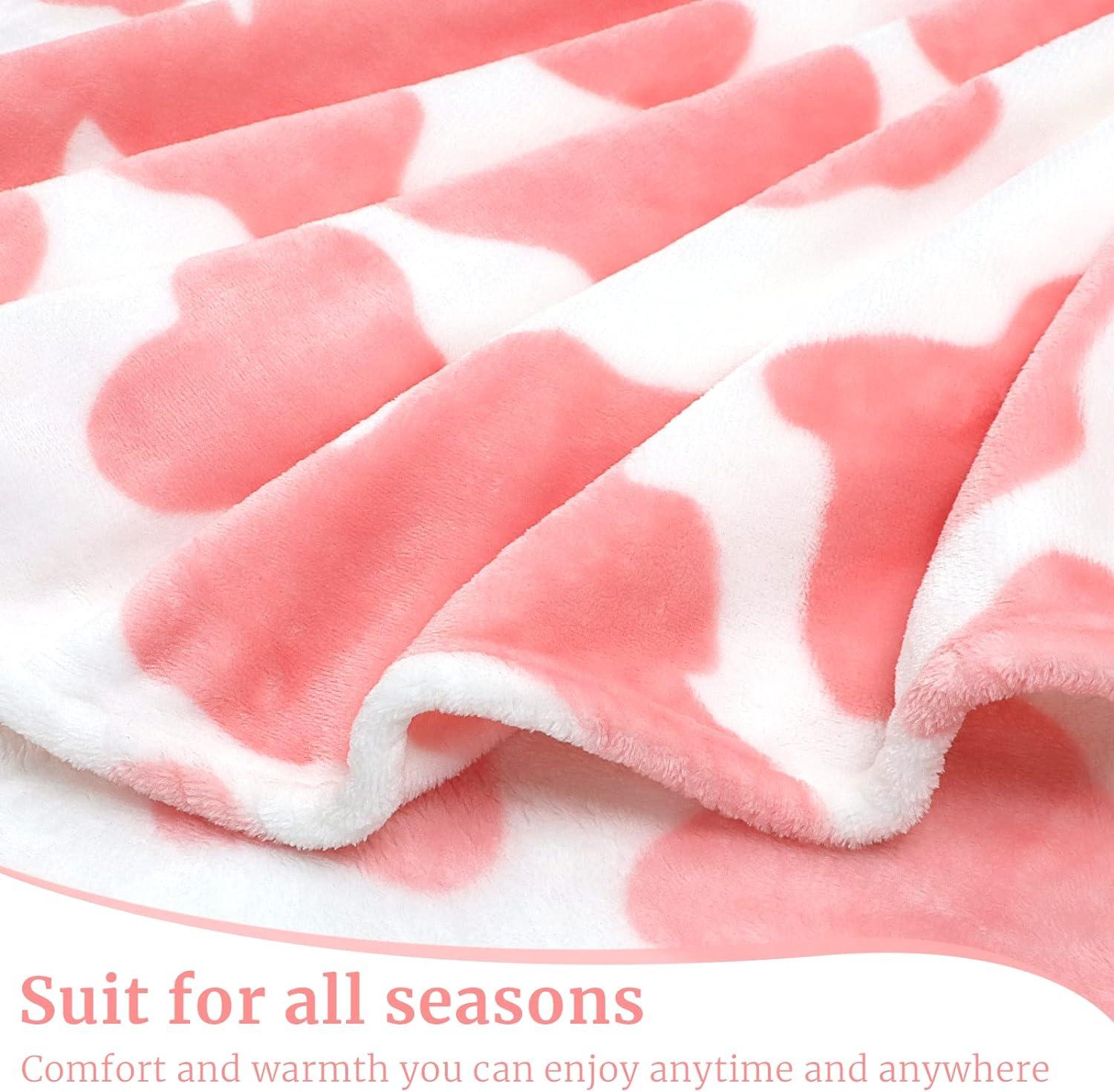 Pink and White Fleece Cow Print Throw Blanket