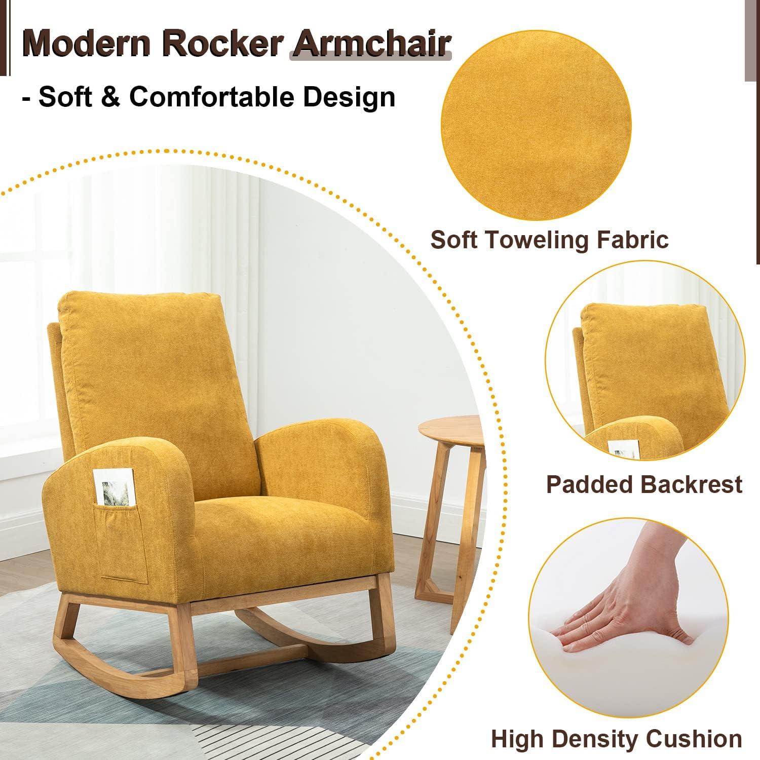 Antetek Modern Accent Rocking Chair, Upholstered Nursery Glider Rocker, Comfy Armchair with Side Pocket, Living Room Lounge Arm Chair, High Backrest with Decorative Buttons, Dark Grey
