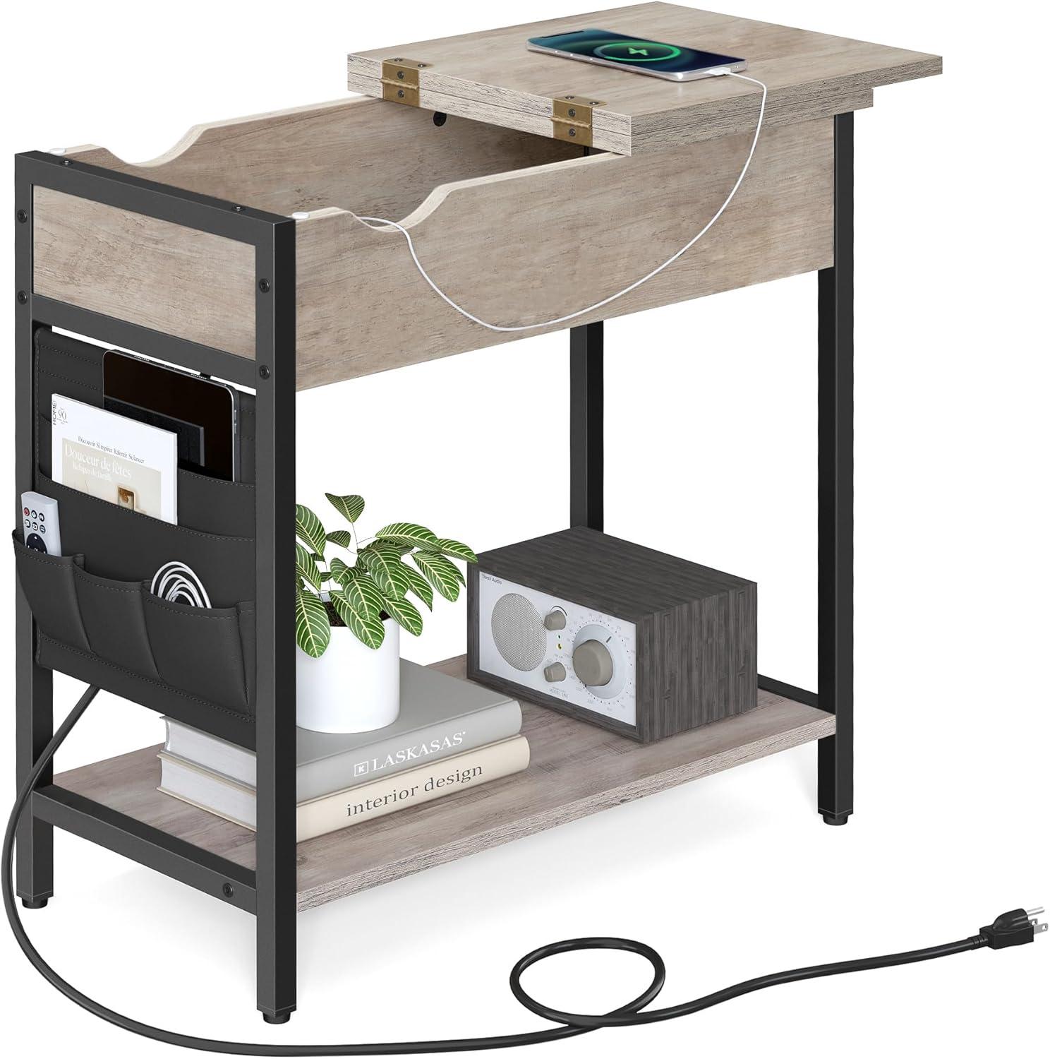 Greige and Black Steel Frame Side Table with Storage and Charging Station