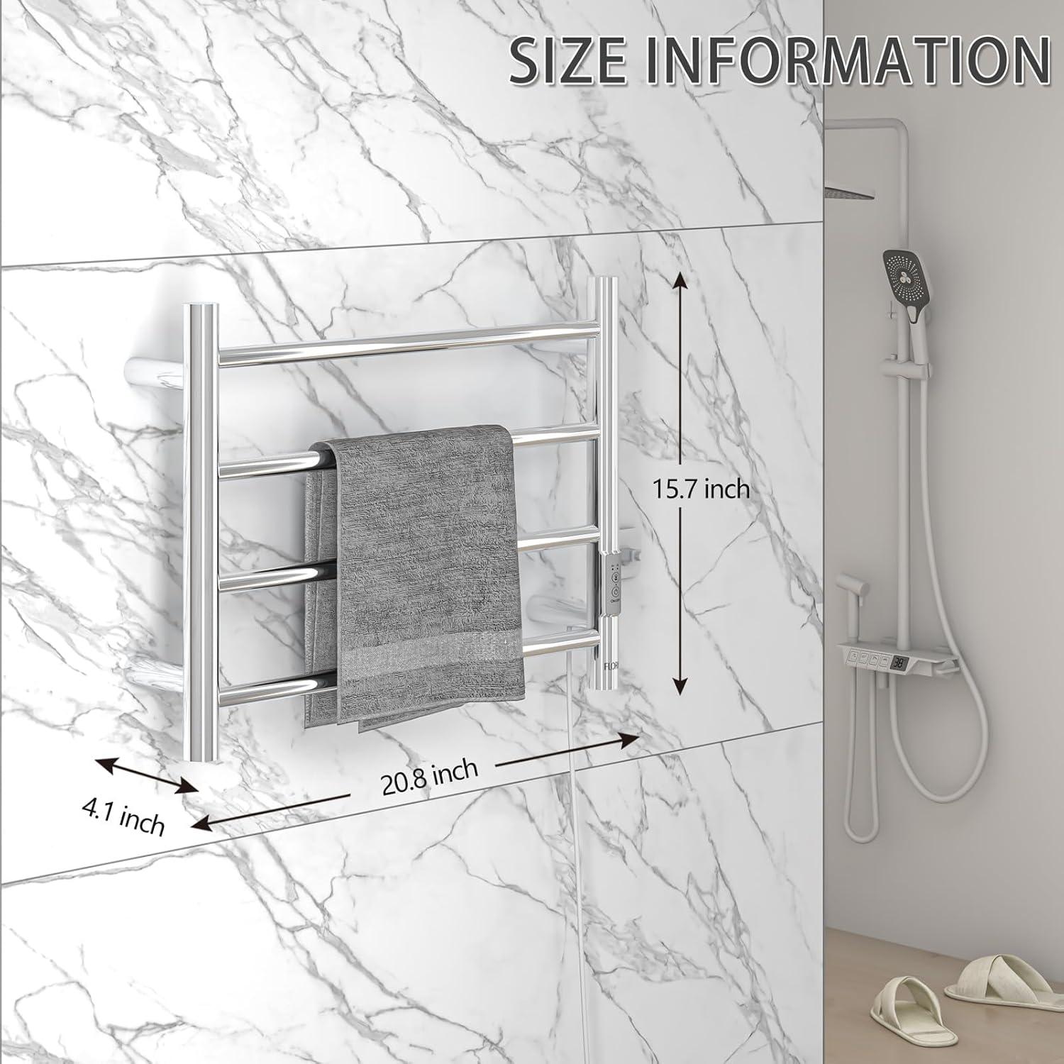 VEVOR 4 Bars Towel Warmer Rack, Wall Mounted Heated Towel Rack for Bathroom, IPX5 Waterpoof Towel Heater Rack with Timer & LED Display Screen, 5 Levels Adjustable Temperature Towel Heater, Silver