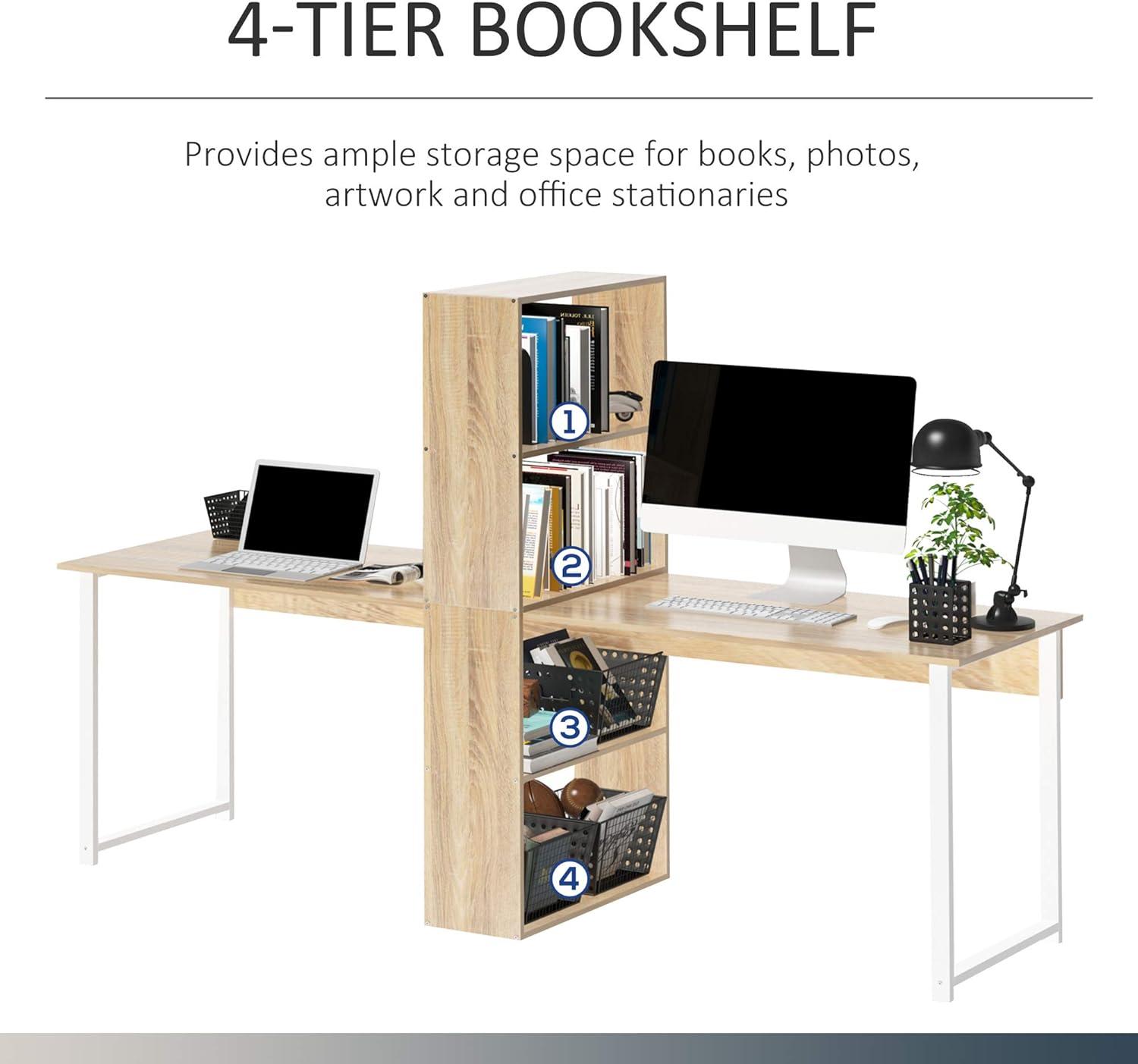 HomCom 88" Extra Long 2-Person Computer Desk with Bookshelf Combo Double Workstation Storage Unit Home Office Natural Wood