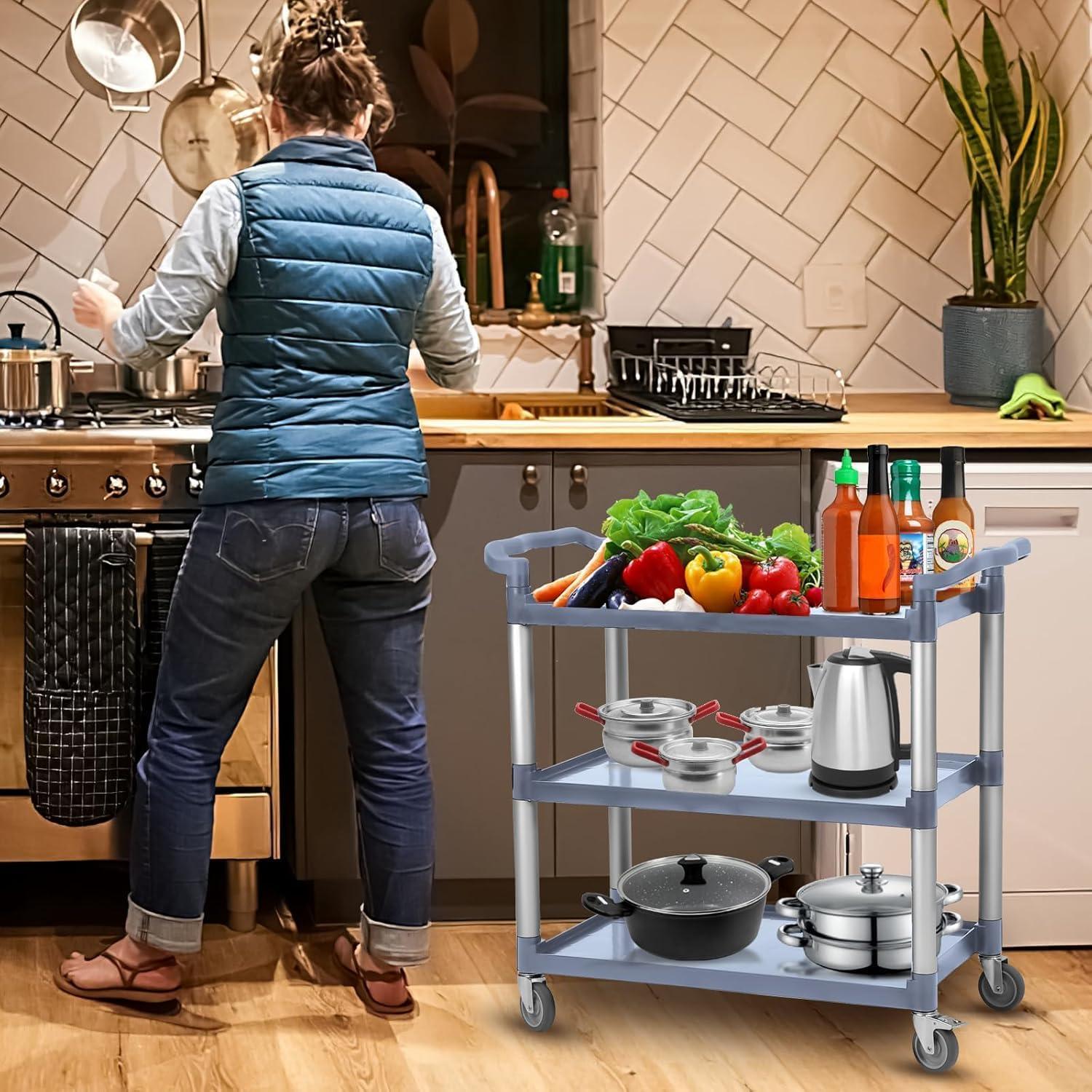 3-Tier Plastic Service Utility Cart With Wheels, Heavy Duty 3-Shelf Rolling Push Cart for Home, Restaurant, Office, Foodservice, Kitchen, Hotel, Commercial, Party - Grey